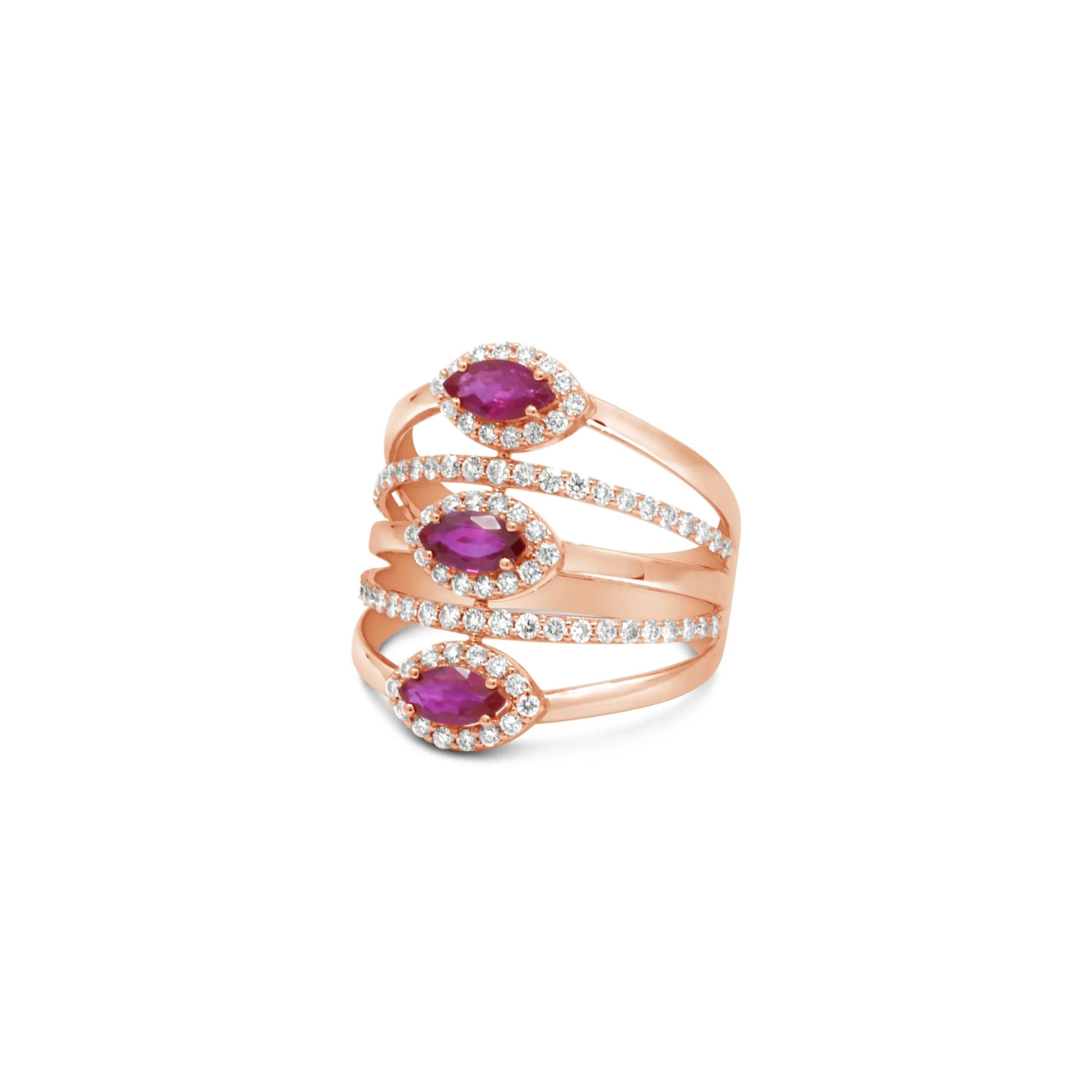 alma-ring-pink-gold Alma Ring in pink gold with marquise rubies and diamond halo pavé bands
