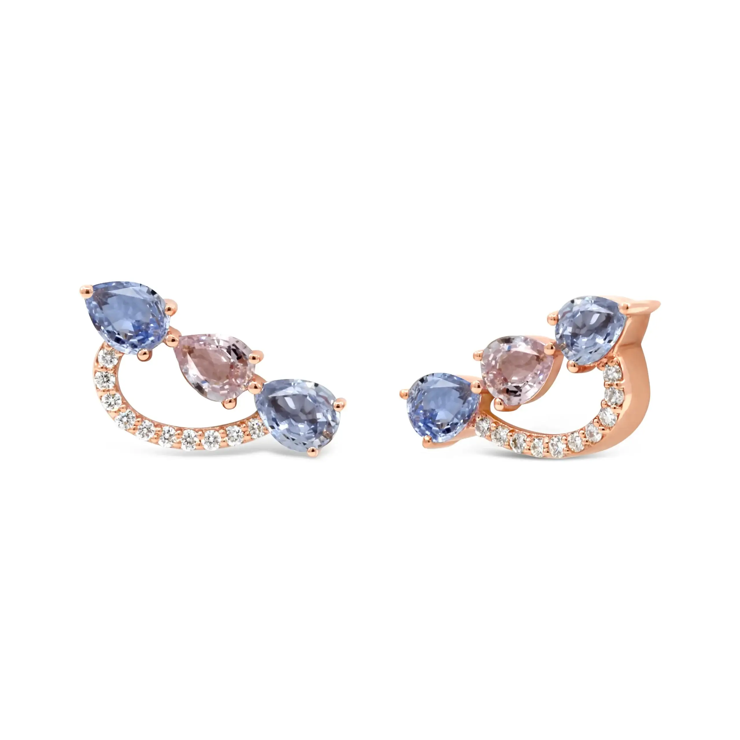 arrow-multi-color-sapphire-diamond-stud-earrings Arrow multi color sapphire diamond stud earrings in 18kt rose gold with pear-shaped sapphires