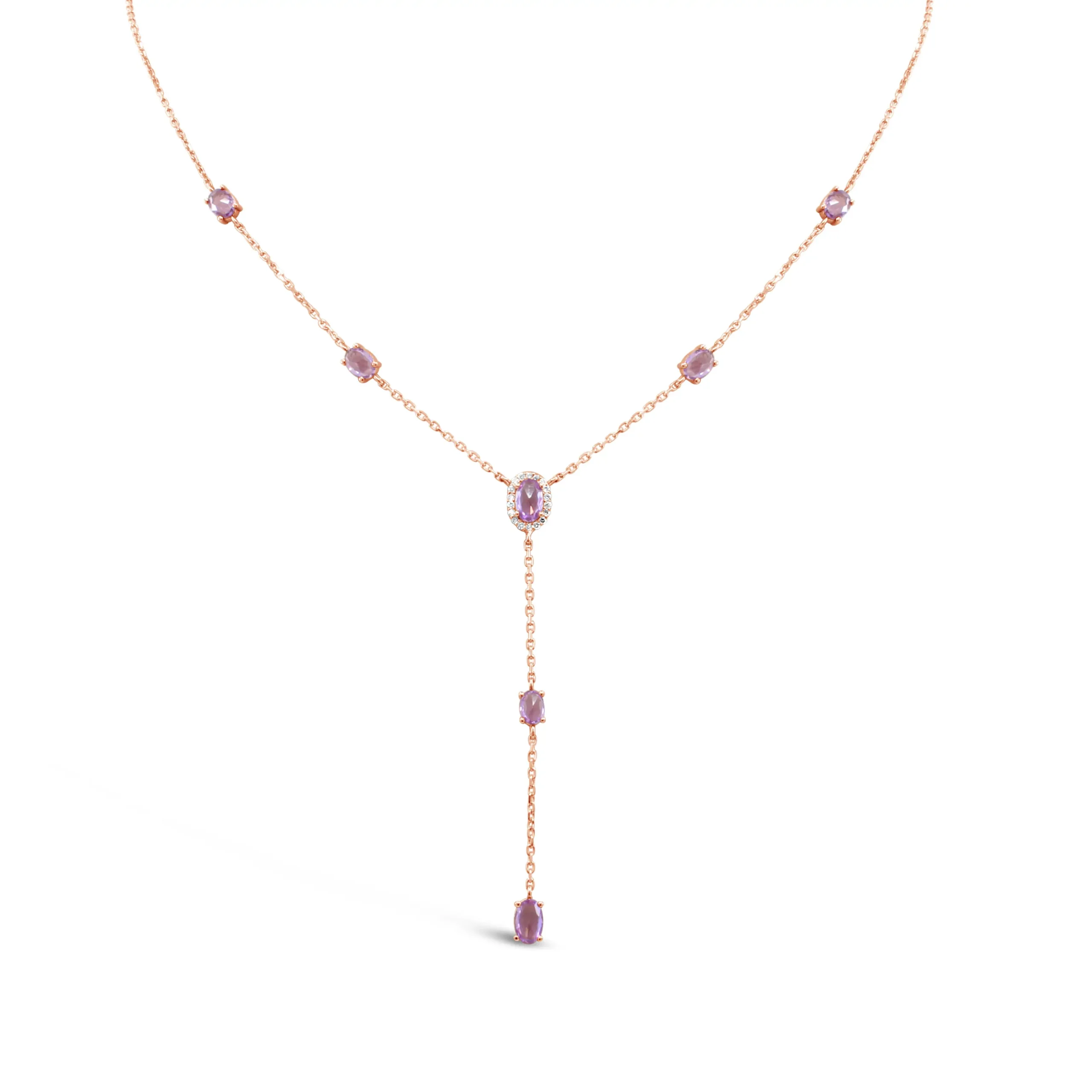aveline-necklace-pink-gold-rosecut-pink-sapphire Aveline Necklace in pink gold with rosecut pink sapphires and a delicate drop design