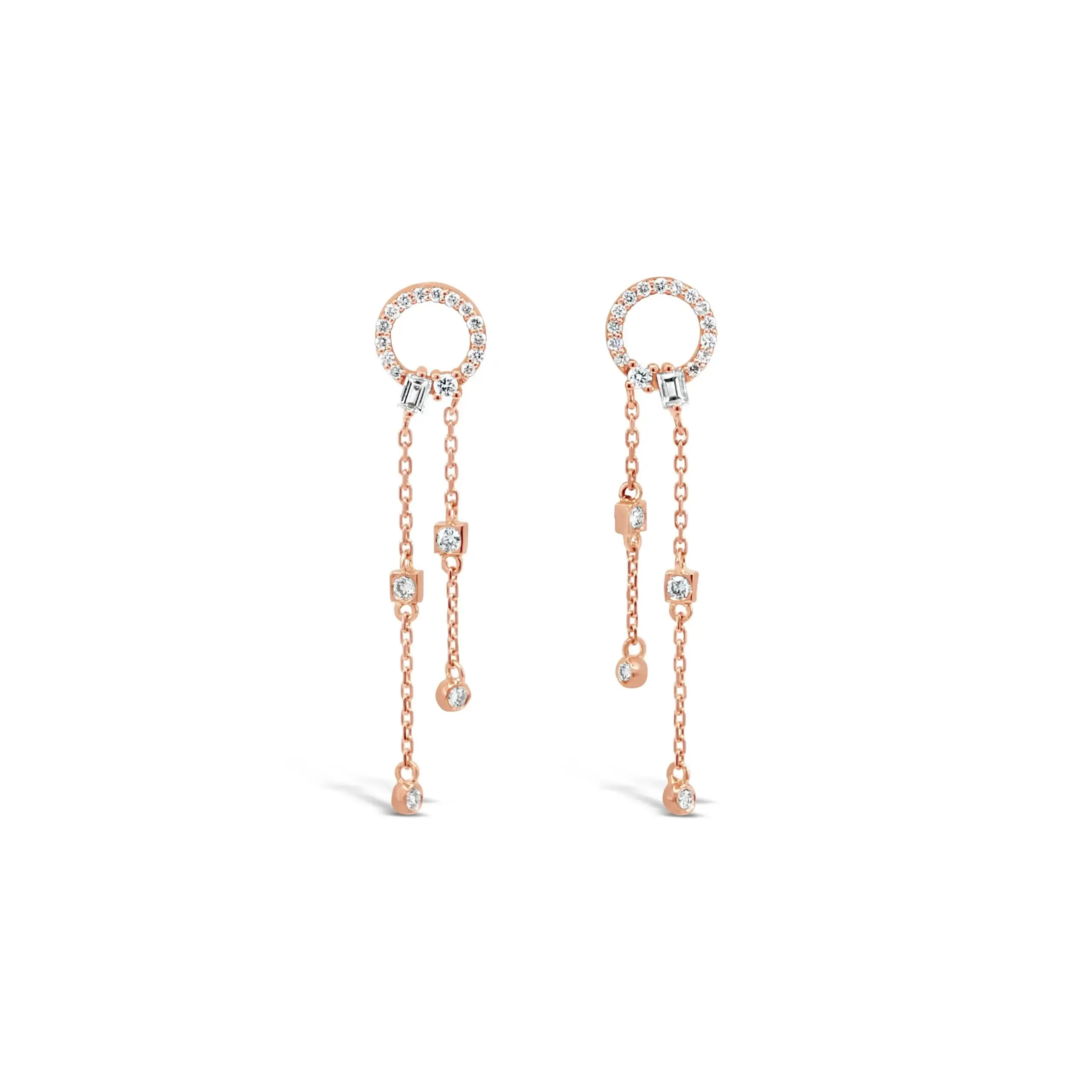 cercle-diamond-circle-drop-earrings Cercle diamond circle drop earrings in 18kt rose gold with diamond details and chain drops