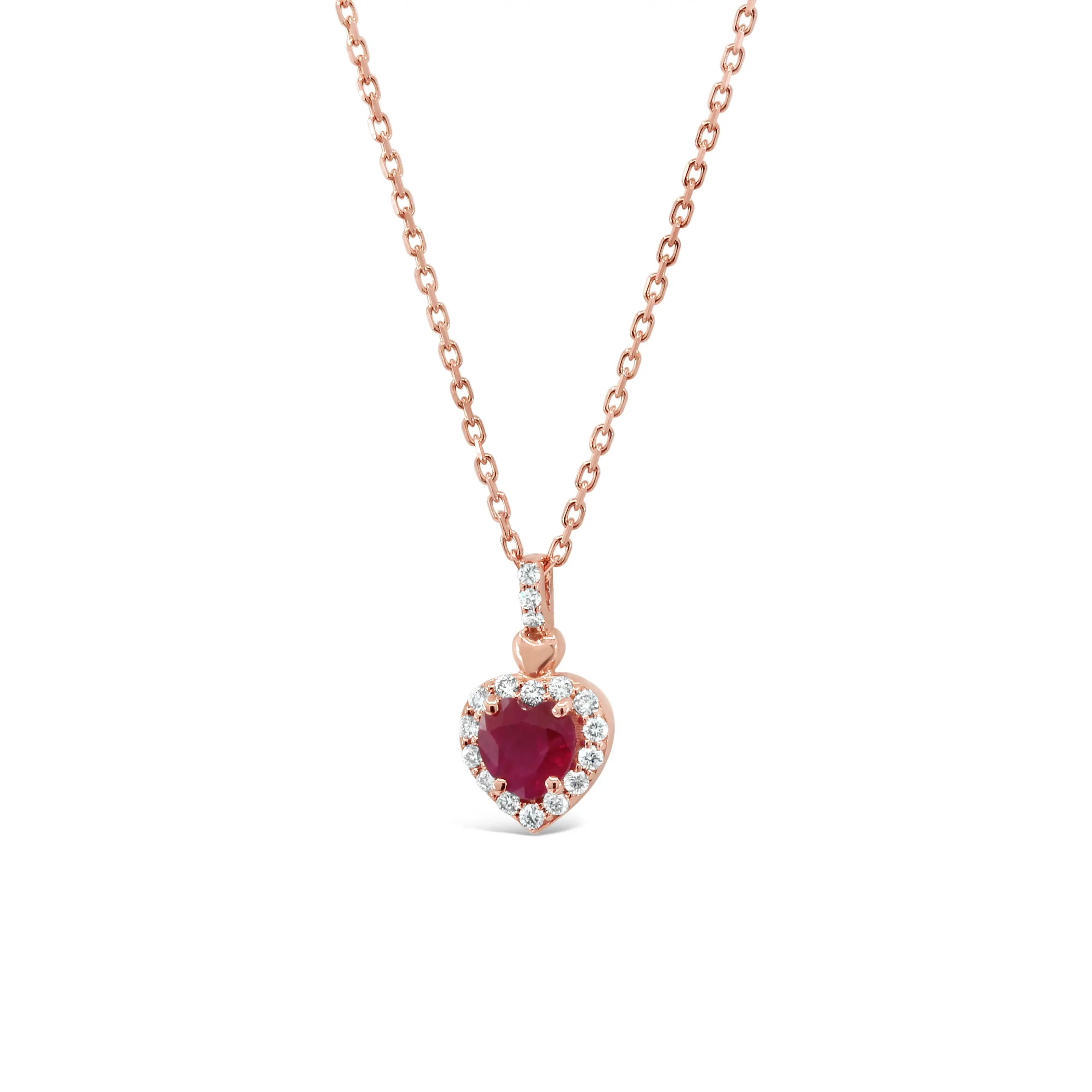 coeur-pendant-pink-gold-heart-ruby Coeur Pendant in pink gold with a heart-shaped ruby and diamond halo