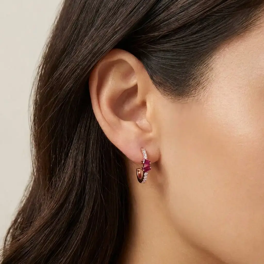 Cupla Hoop Earrings in pink gold with rubies and pavé diamonds