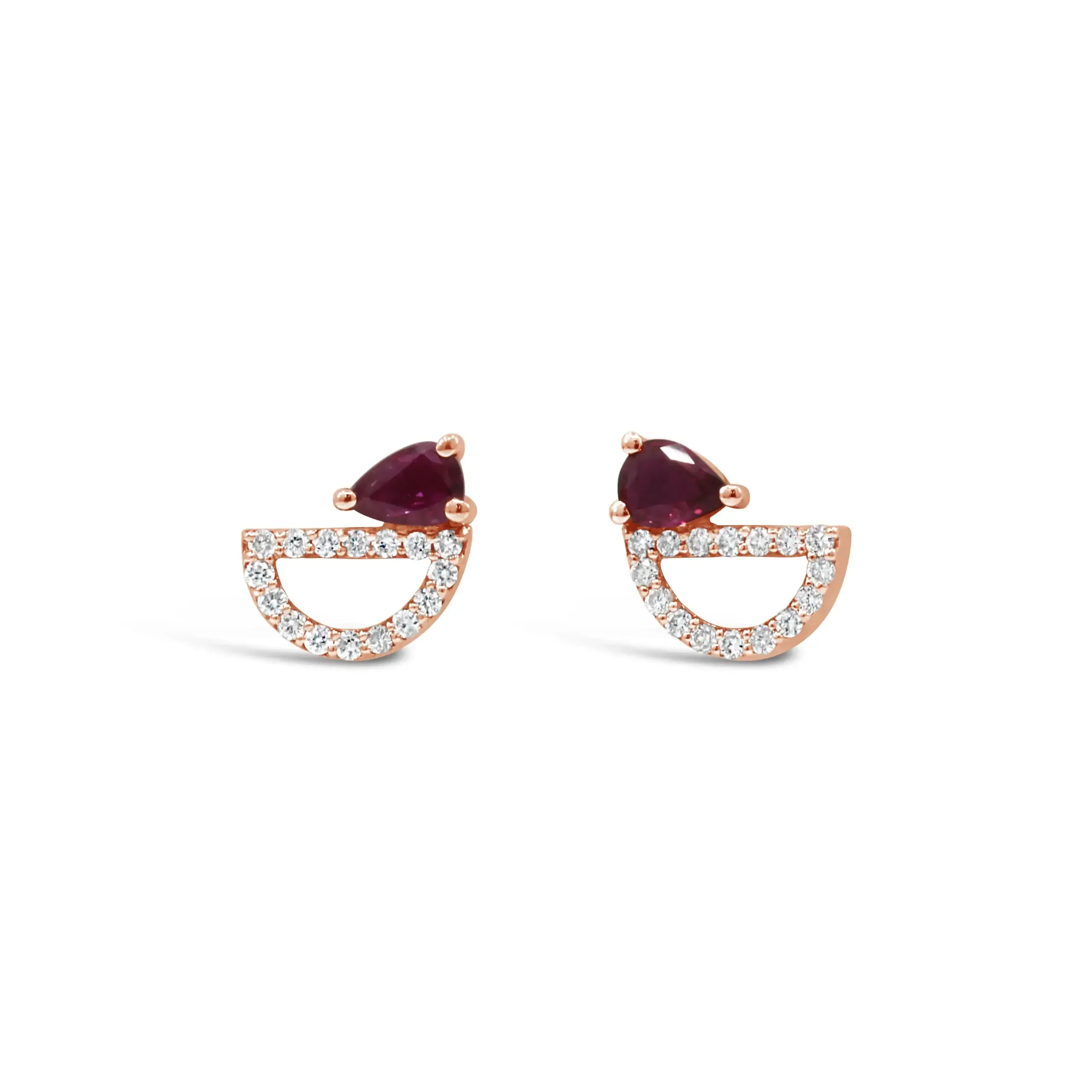 geometric-ruby-diamond-geometric-stud-earrings Geometric ruby diamond geometric stud earrings in 18kt rose gold with pear-shaped ruby