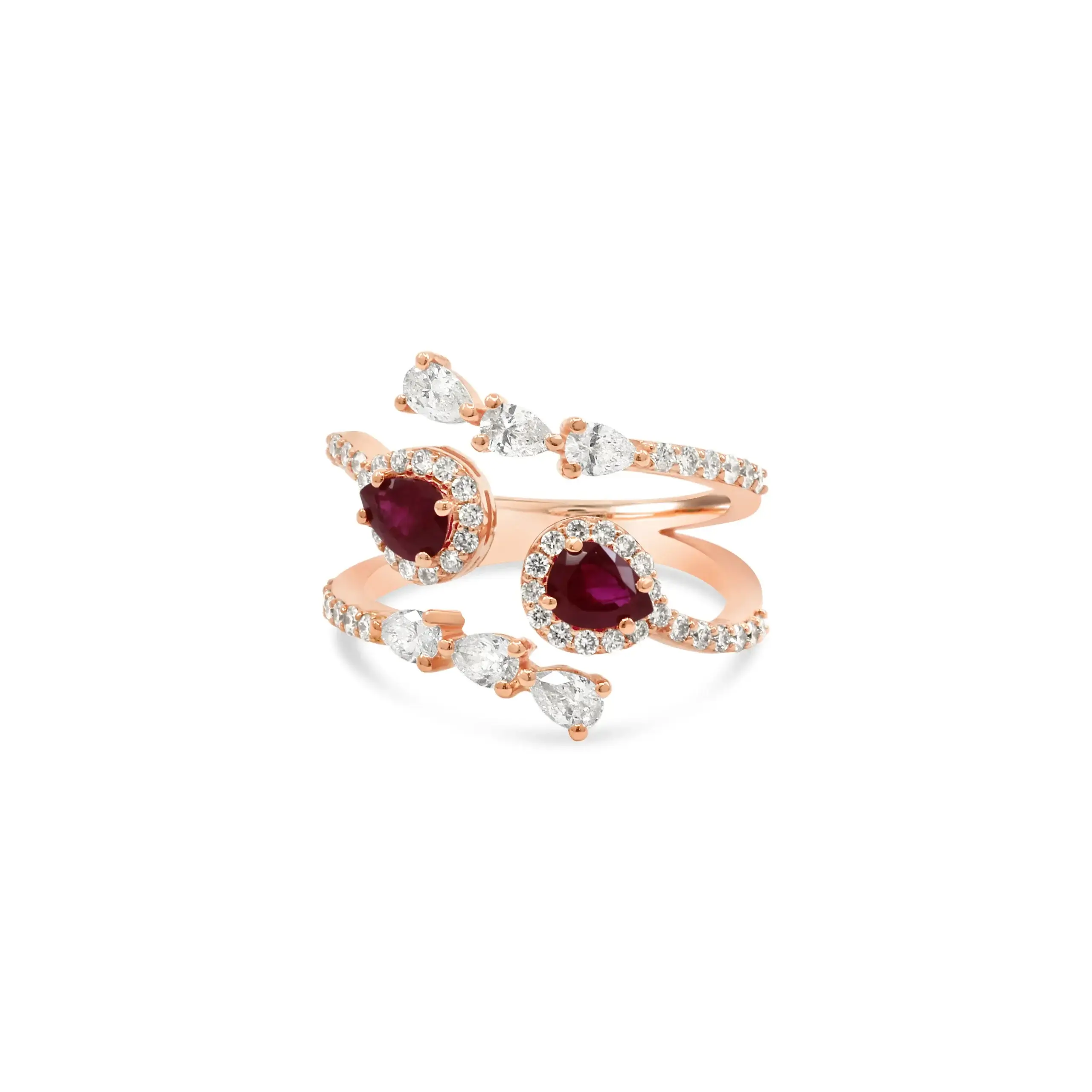 lei-ring-pink-gold Lei Ring in pink gold with pear-shaped rubies, pear-shaped diamonds, and pavé diamond accents