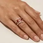 Lei Ring in pink gold with pear-shaped rubies, pear-shaped diamonds, and pavé diamond accents
