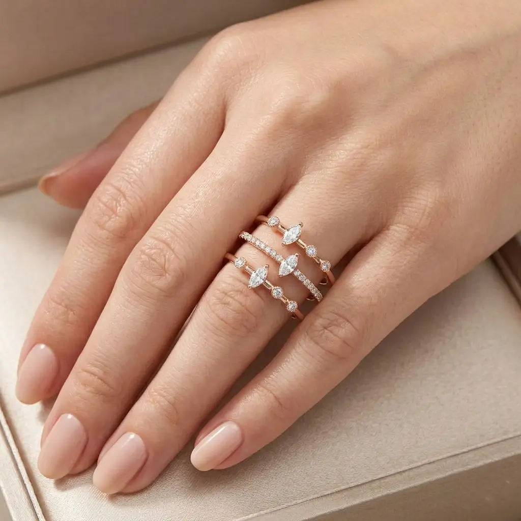 Líneas Ring in pink gold with marquise diamonds, round diamonds, and a pavé diamond band