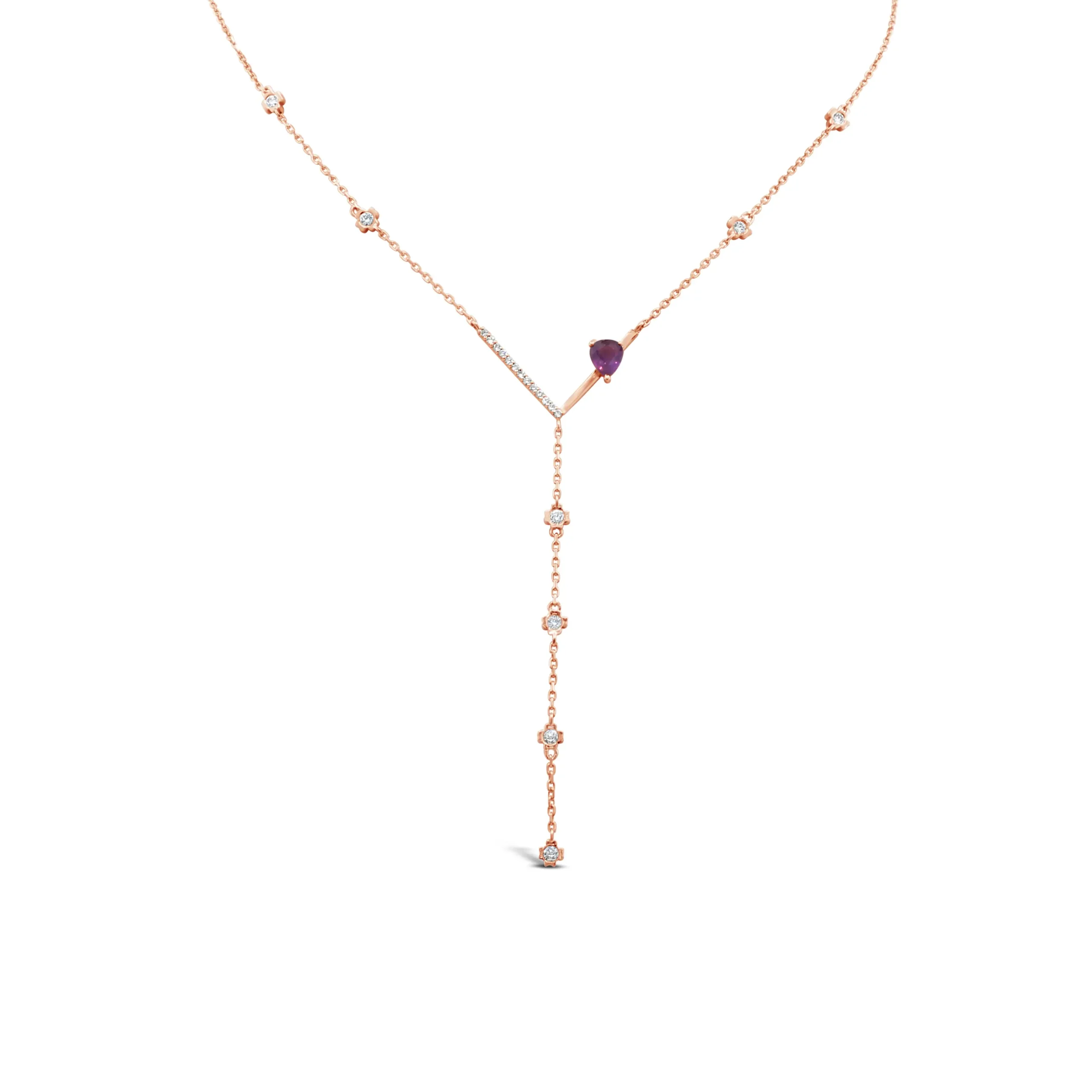liora-drop-necklace-pink-gold-heart-ruby Liora Drop Necklace in pink gold with a heart-shaped ruby and diamond drop details