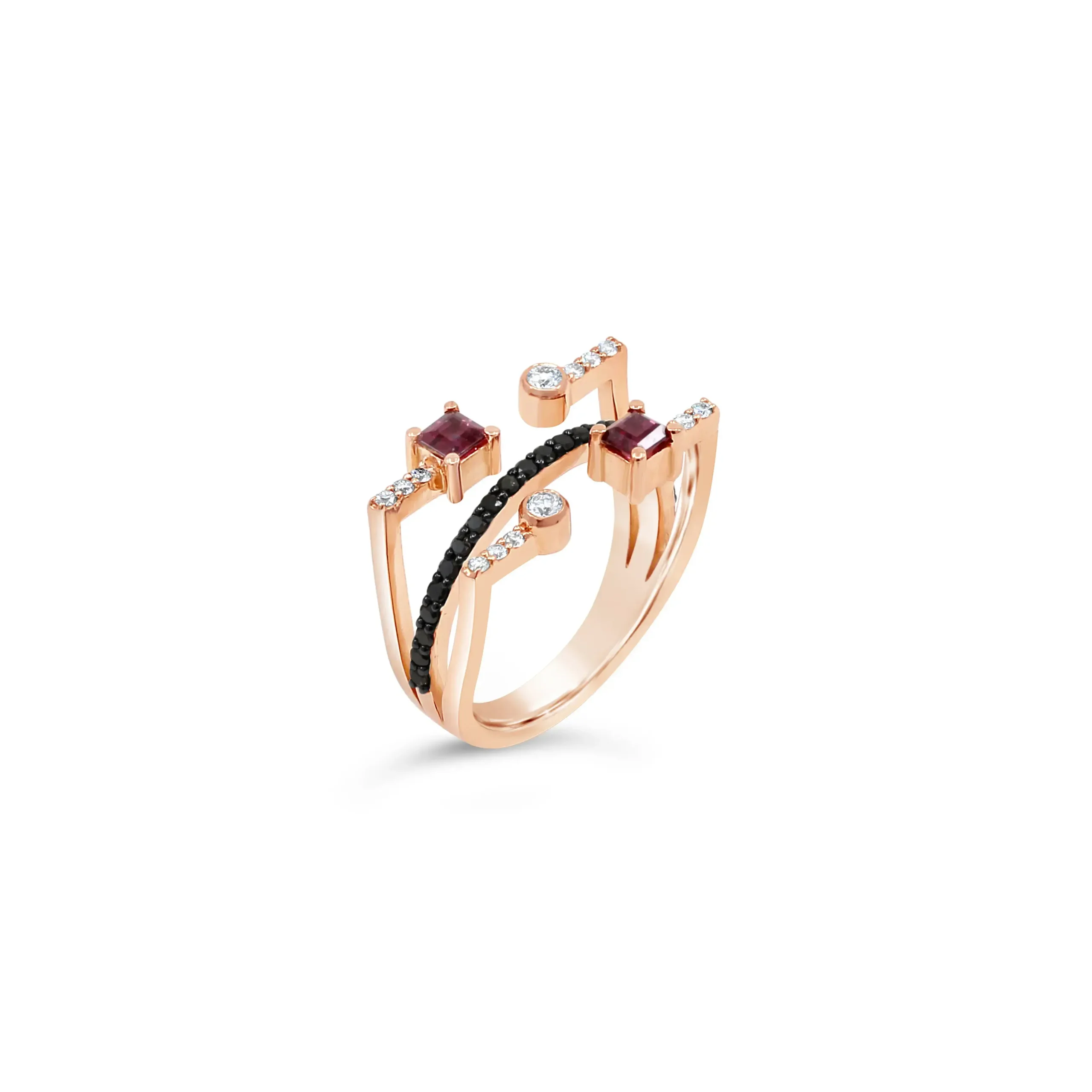 nelio-ring-pink-gold Nelio Ring in pink gold with rubies, black diamonds, and white diamonds
