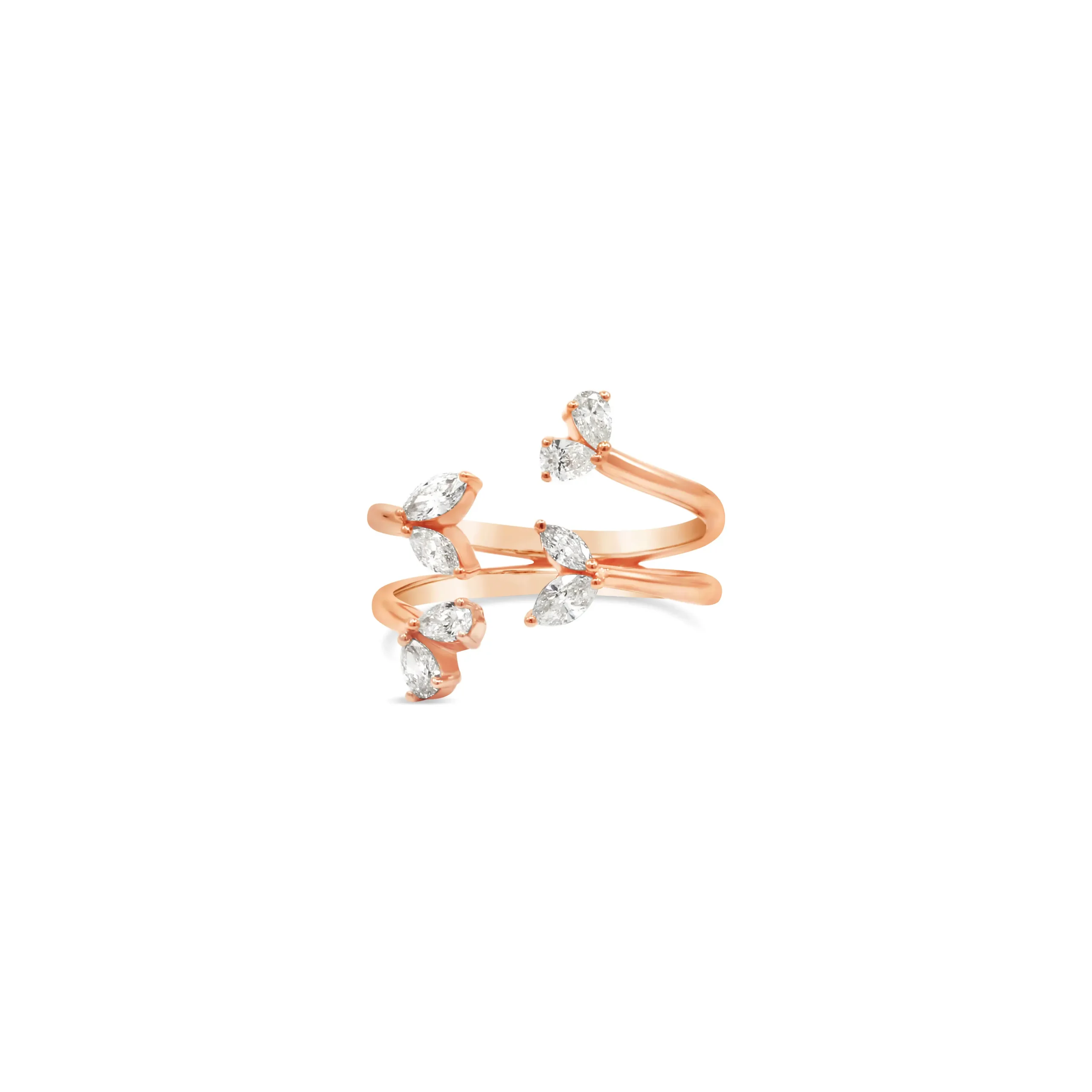 oito-ring-pink-gold Oito Ring in pink gold with marquise and pear-shaped diamonds in an open wrap design