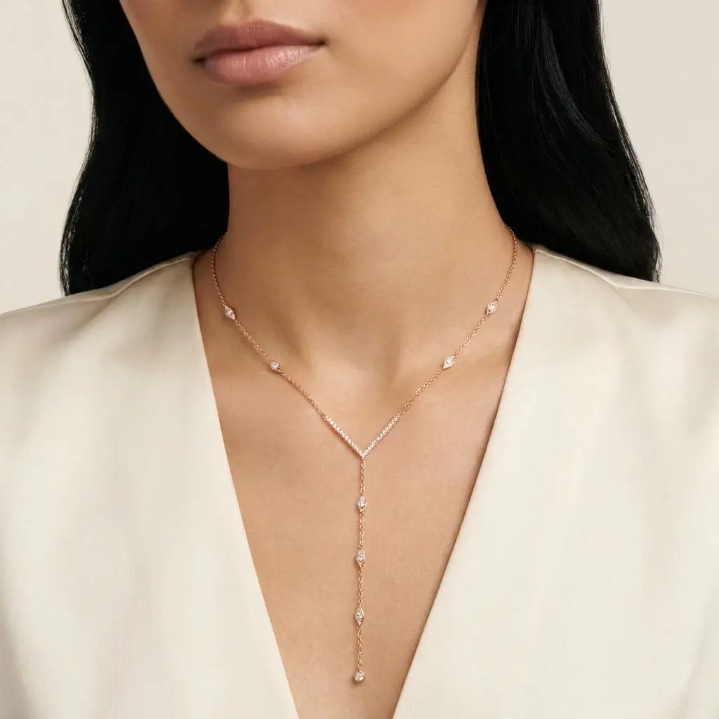 Orlina Drop Necklace in pink gold with diamond accents and a delicate drop design