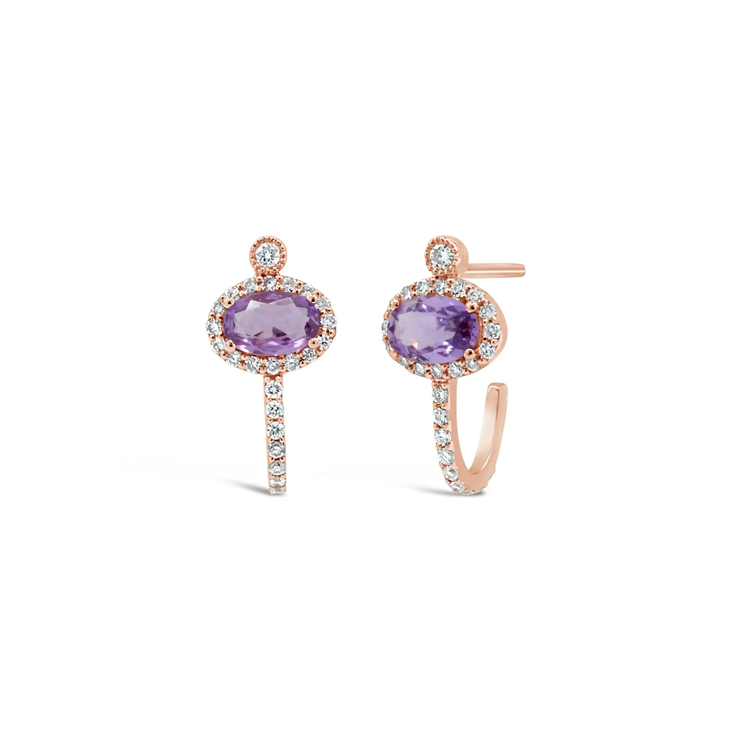 pink-purple-sapphire-diamond-huggie-earrings Pink purple sapphire diamond huggie earrings in 18kt rose gold with oval sapphire center and diamond halo