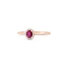 Rubino ring in pink gold with oval ruby and diamond halo