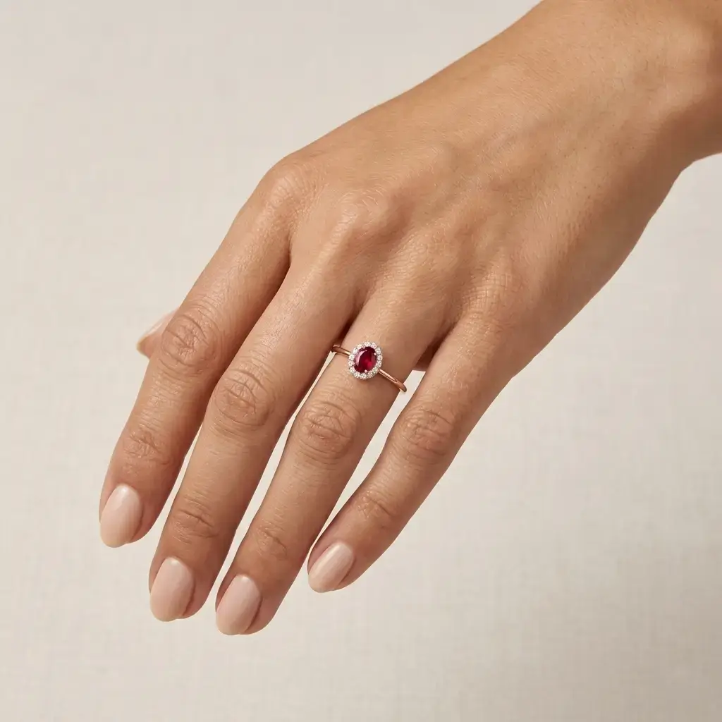 Rubino ring in pink gold with oval ruby and diamond halo