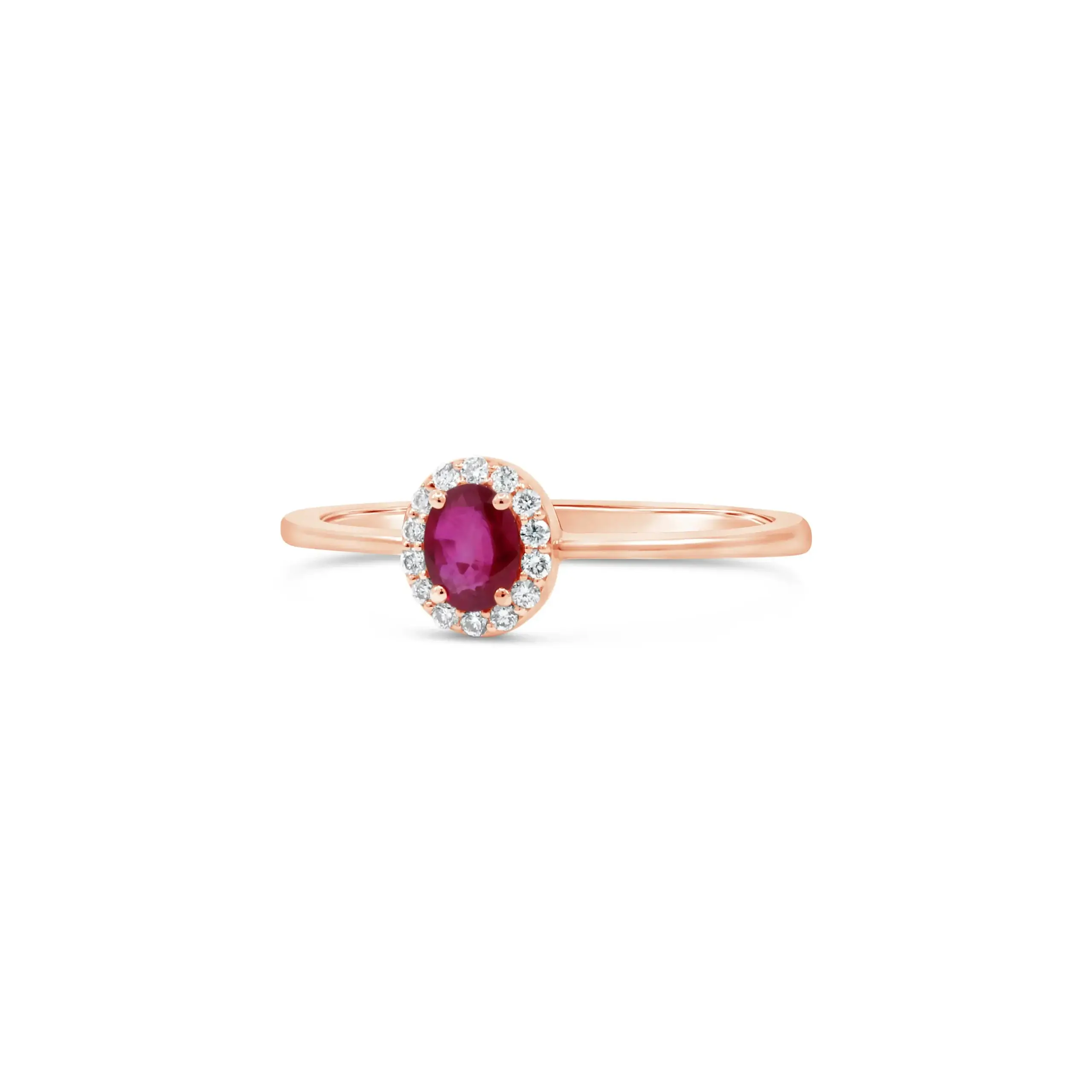 rubino-ring-pink-gold-ruby-halo Rubino ring in pink gold with oval ruby and diamond halo