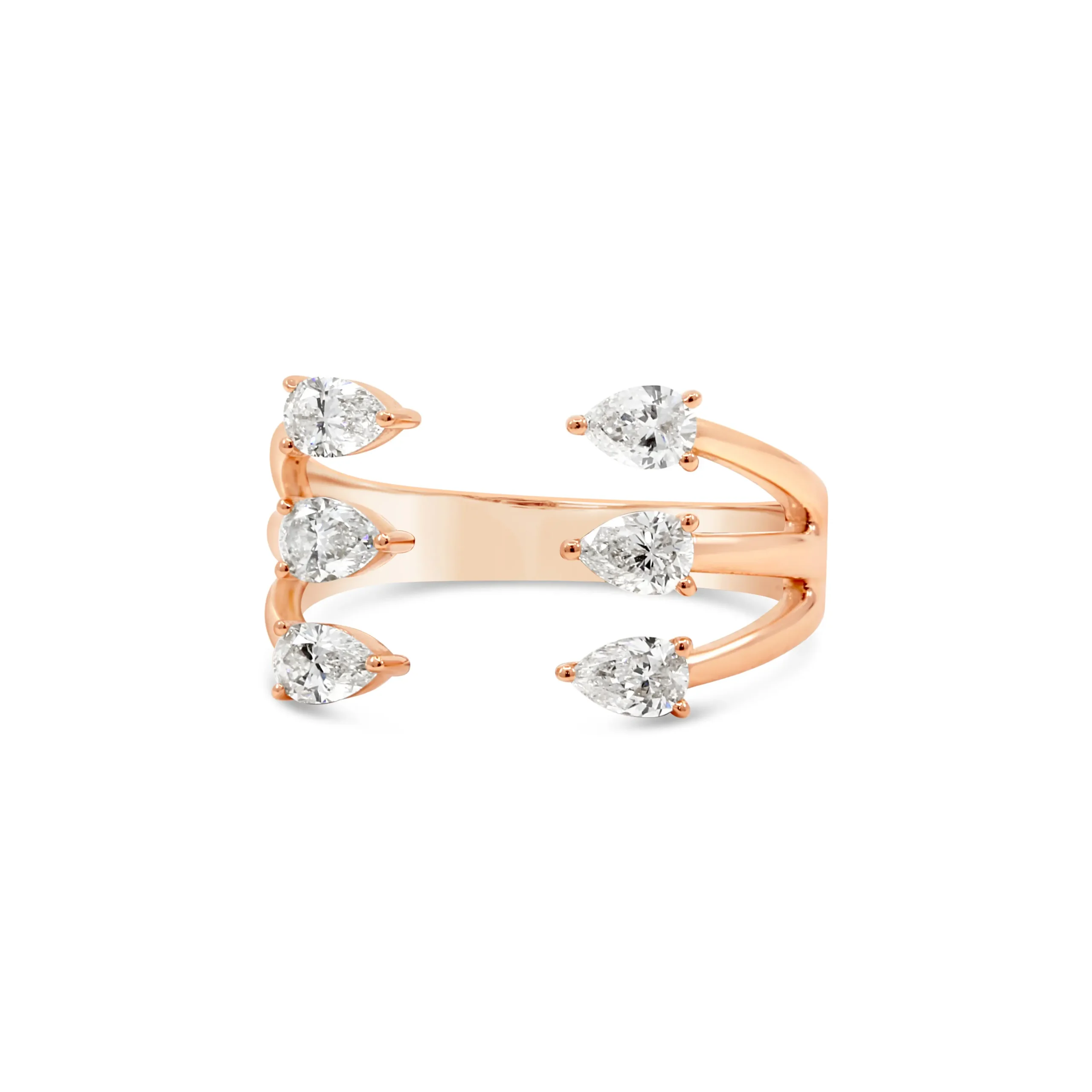 sei-ring-pink-gold Sei ring pink gold with six pear-shaped diamonds in an open band design