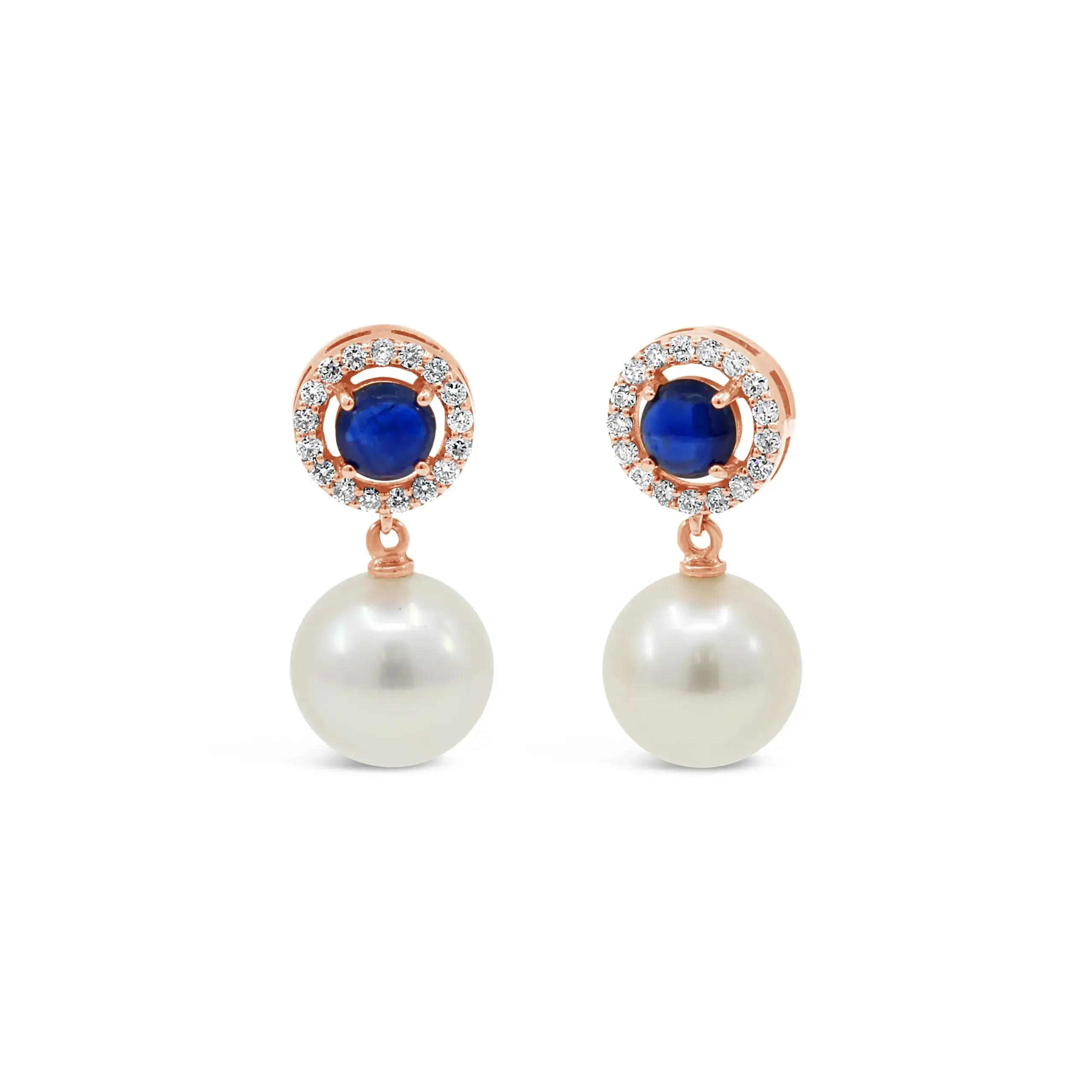 spring-pearl-sapphire-diamond-pendant-necklac Spring pearl sapphire diamond pendant necklace in 18kt rose gold with blue sapphire center and white pearl drop
