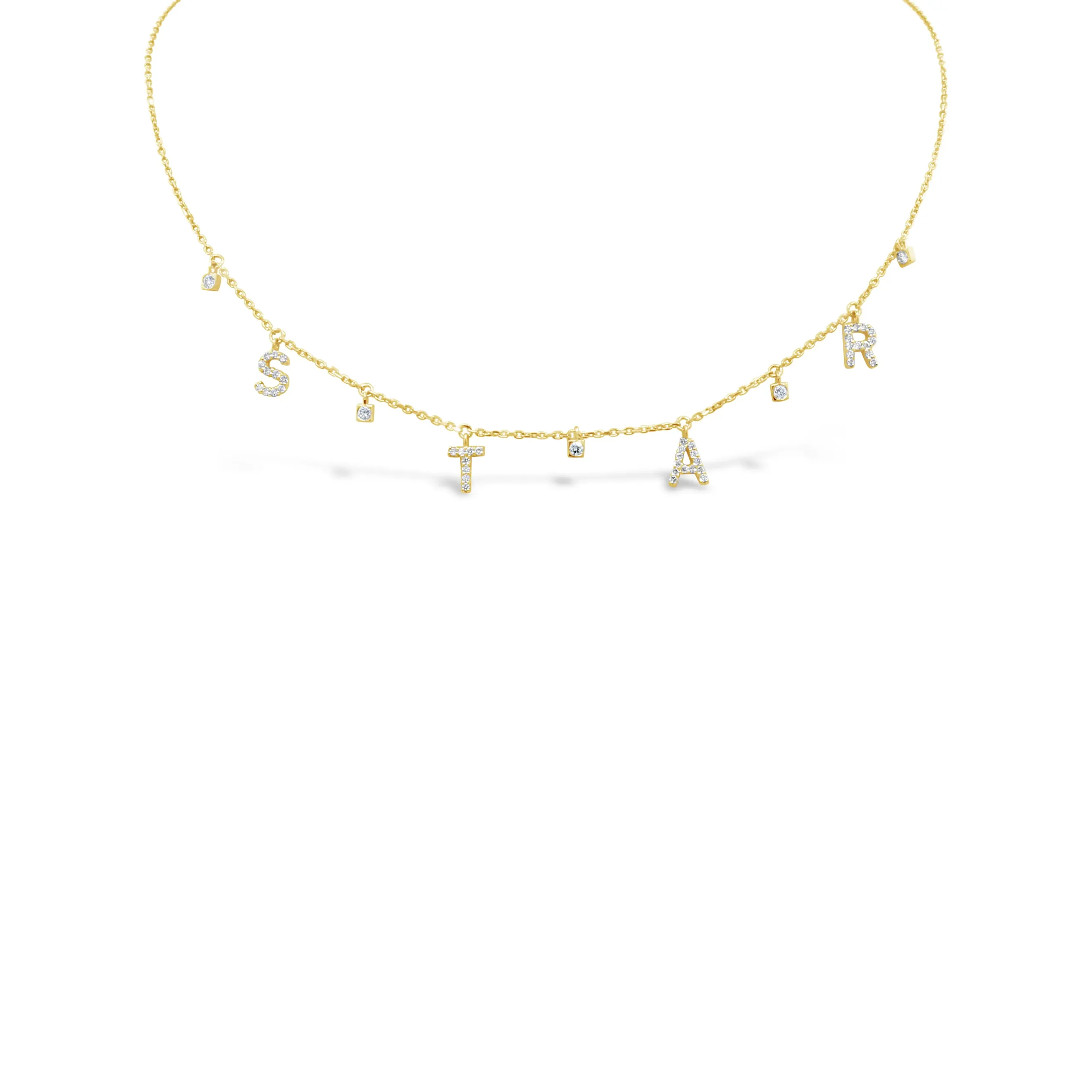 star-pendant-star-diamond-letter-necklace. Star Pendant star diamond letter necklace in yellow gold with diamond-set letters and delicate diamond accents