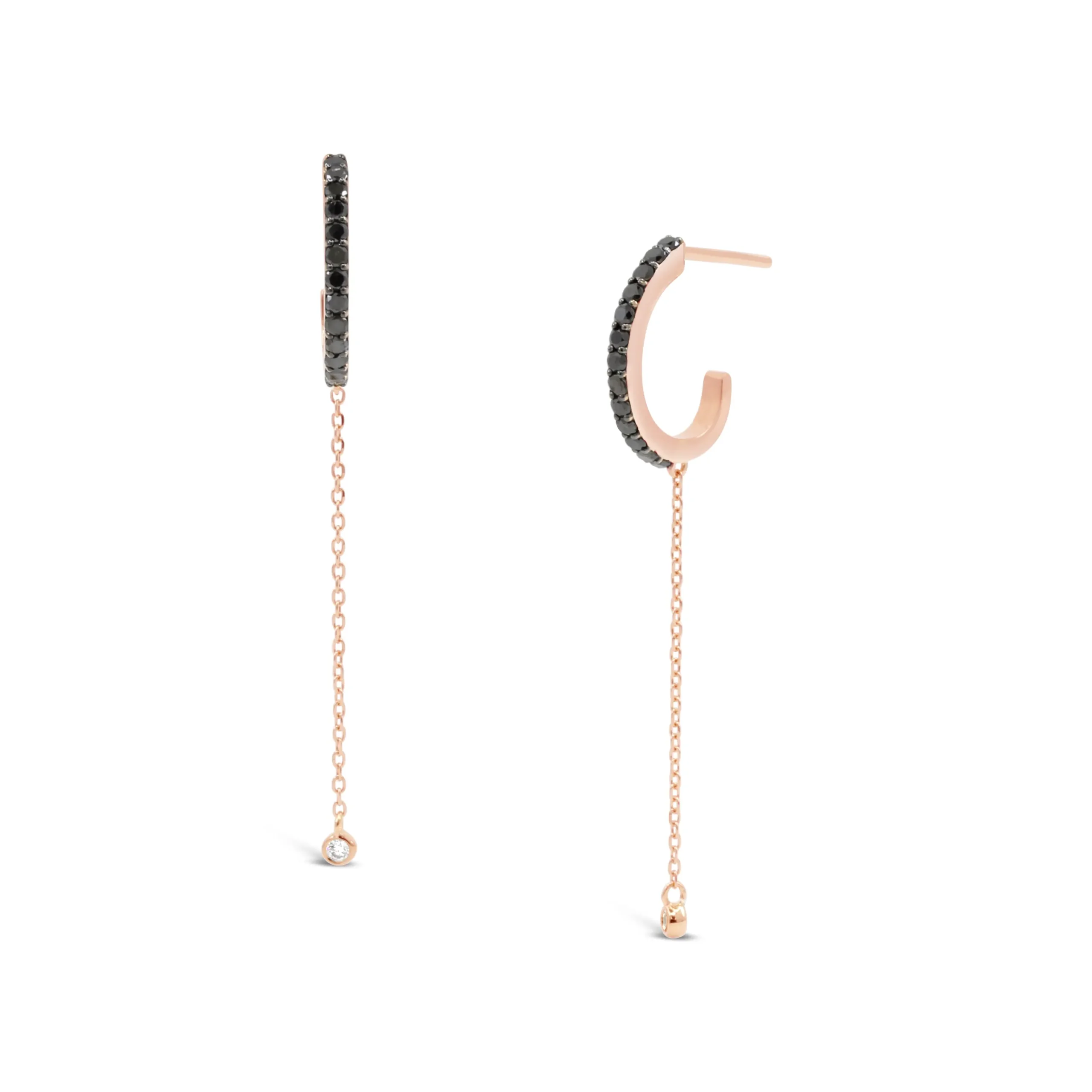 yena-earrings-pink-gold-black-diamonds Yena Earrings in pink gold with black diamonds and a delicate drop chain