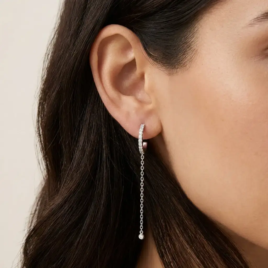 Yena Hoop Earrings white gold with diamond-set hoop and delicate drop chain