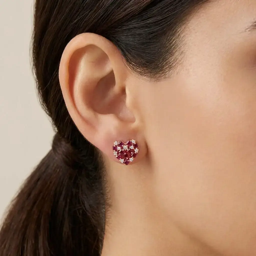 Cuore Earrings in 18kt rose gold with heart-shaped ruby design and diamond accents