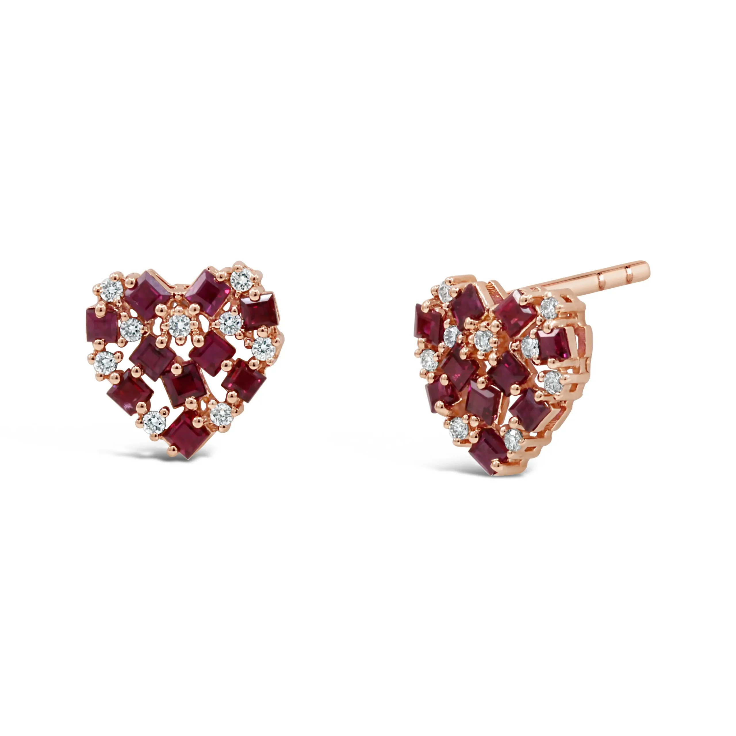 cuore-earrings-18kt-rose-gold-ruby-diamond-heart-stud-earrings Cuore Earrings in 18kt rose gold with heart-shaped ruby design and diamond accents