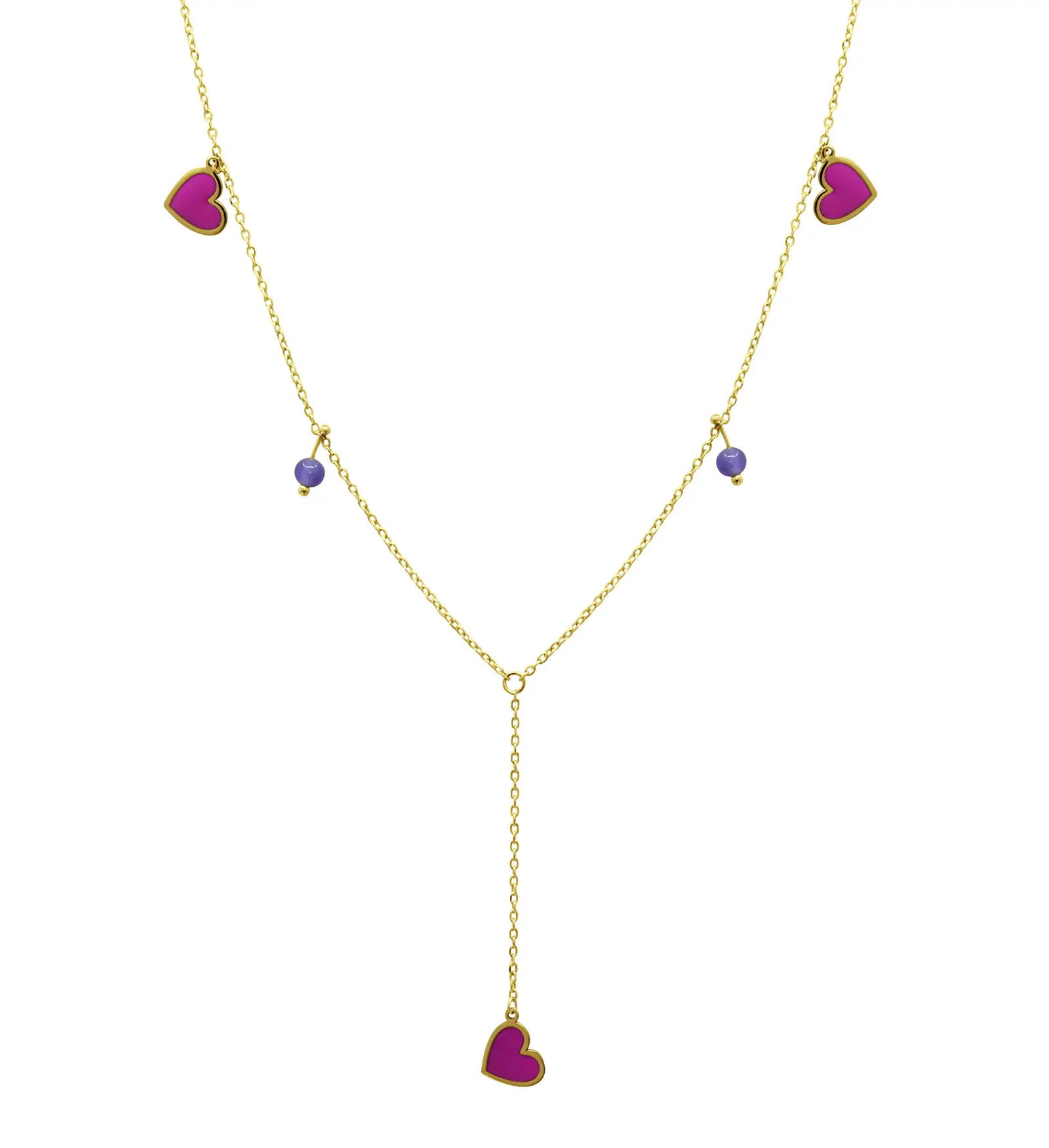 dangling-hearts-enamel-necklace-yellow-gold Dangling Hearts necklace in yellow gold with pink enamel hearts and semi-precious bead details