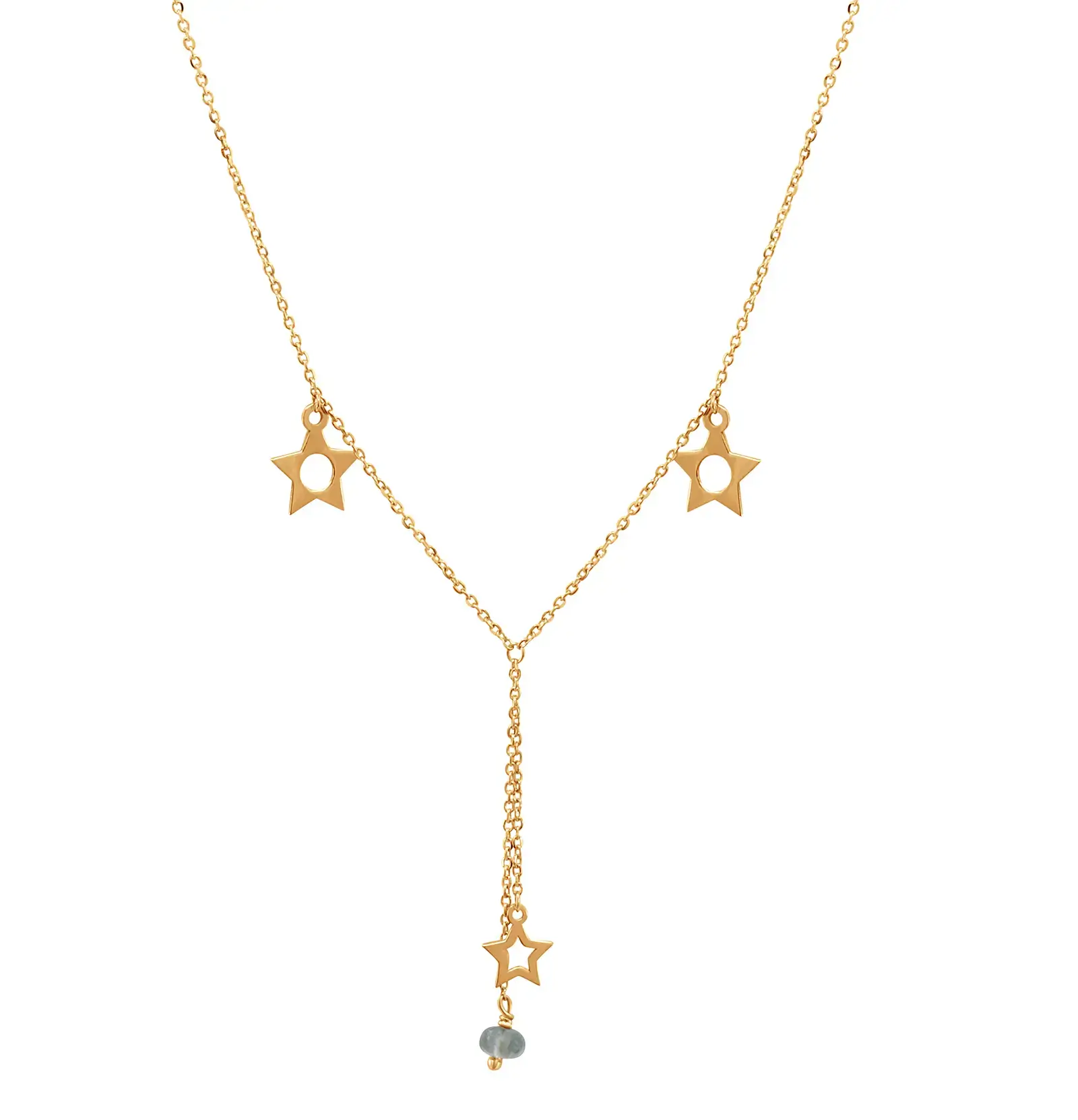 dangling-star-necklace-pink-gold Dangling Star necklace in pink gold with side star charms, a central drop chain, an open star pendant, and a light blue bead accent.