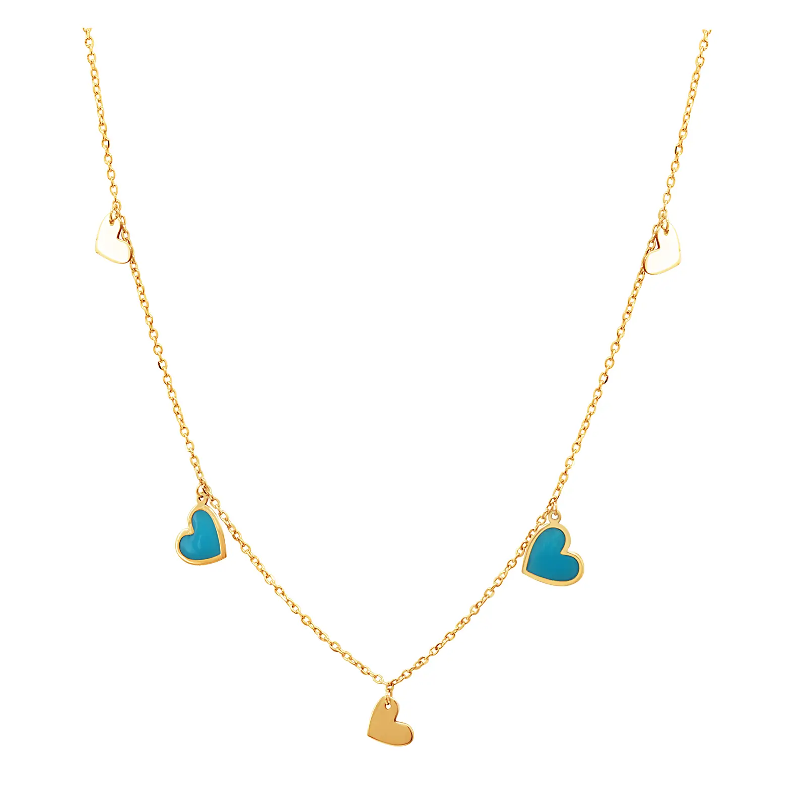 gold-and-enamel-hearts-yellow-gold-necklace Gold and enamel hearts necklace in yellow gold with turquoise blue enamel heart charms