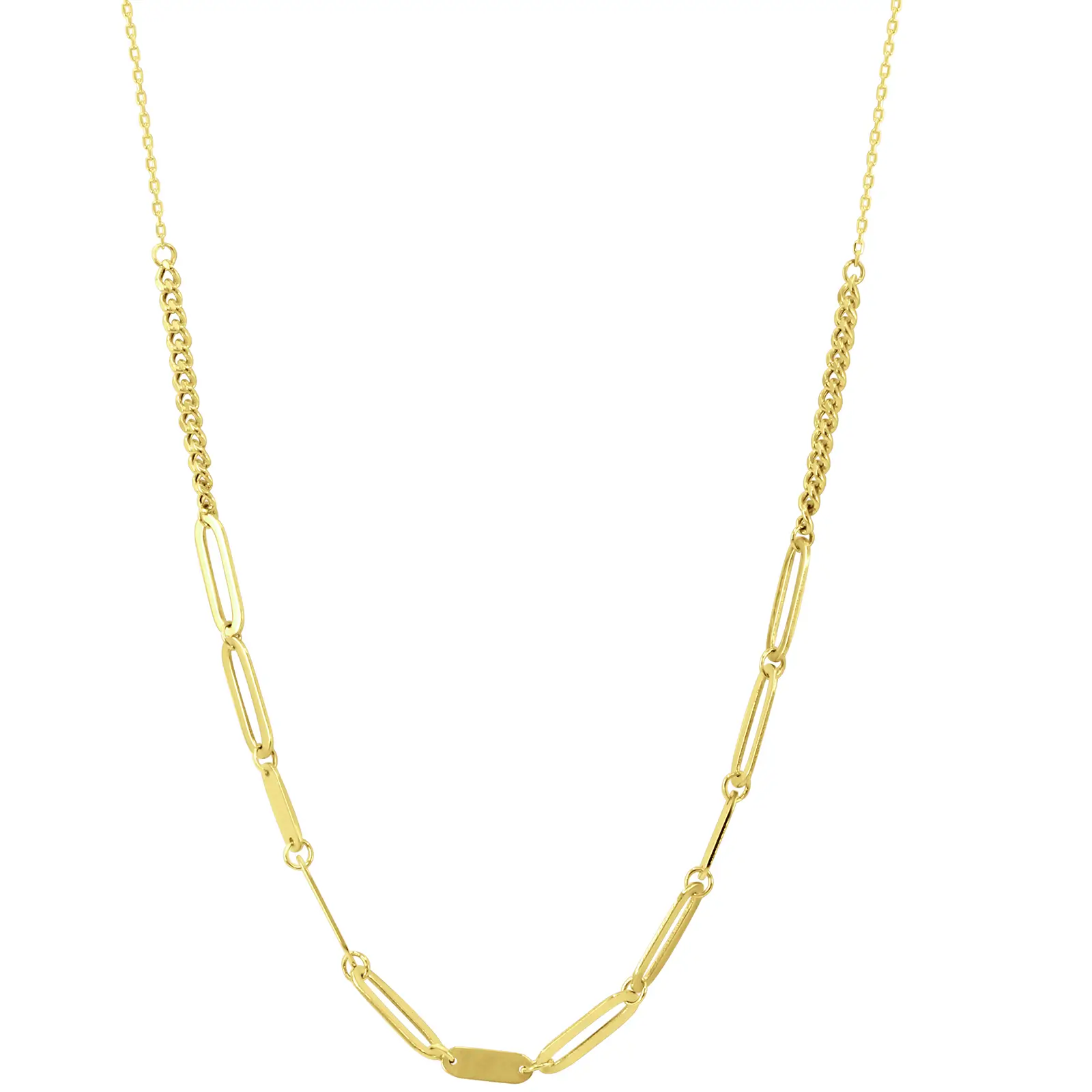 half-clip-shape-chain-necklace-yellow-gold Half Clip Shape Chain Necklace in yellow gold with elongated clip links and a bold chain detail.