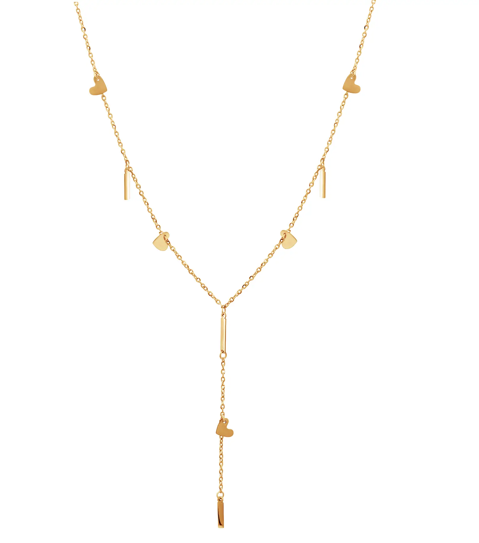 heart-and-rectangular-gold-shape-necklace-yellow-gold Heart and Rectangular Gold Shape Necklace in yellow gold with heart charms and slim rectangular drop details