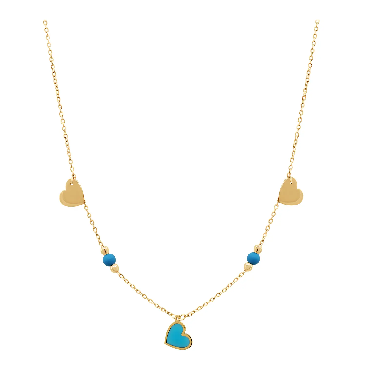 hearts-with-turquoise-beads-necklace-yellow-gold Hearts with Turquoise Beads Necklace in yellow gold with turquoise enamel heart charms and turquoise beads