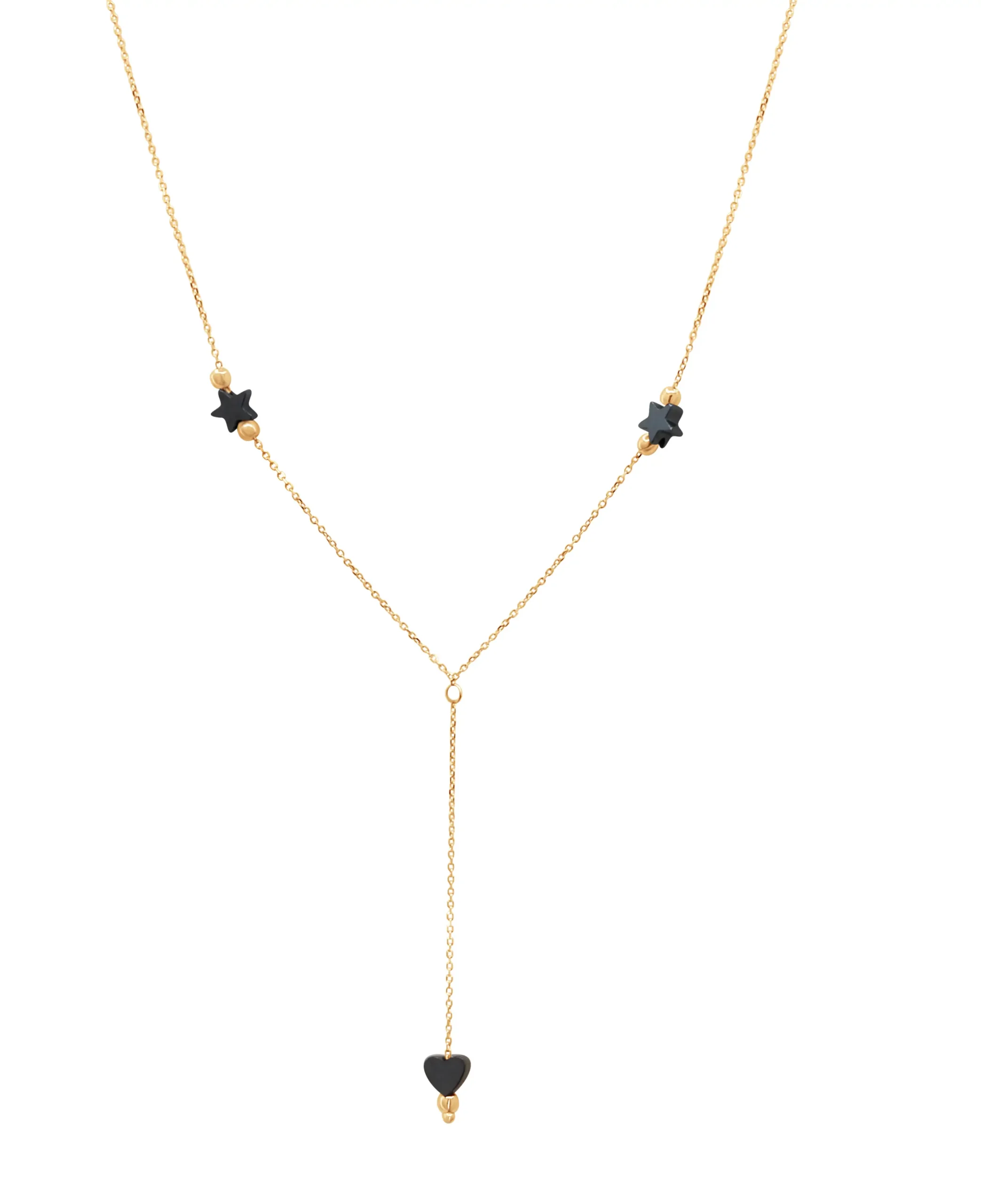 hematite-heart-and-star-pink-gold-necklace Hematite Heart and Star necklace in pink gold with black hematite heart and star stones on a delicate fine chain.