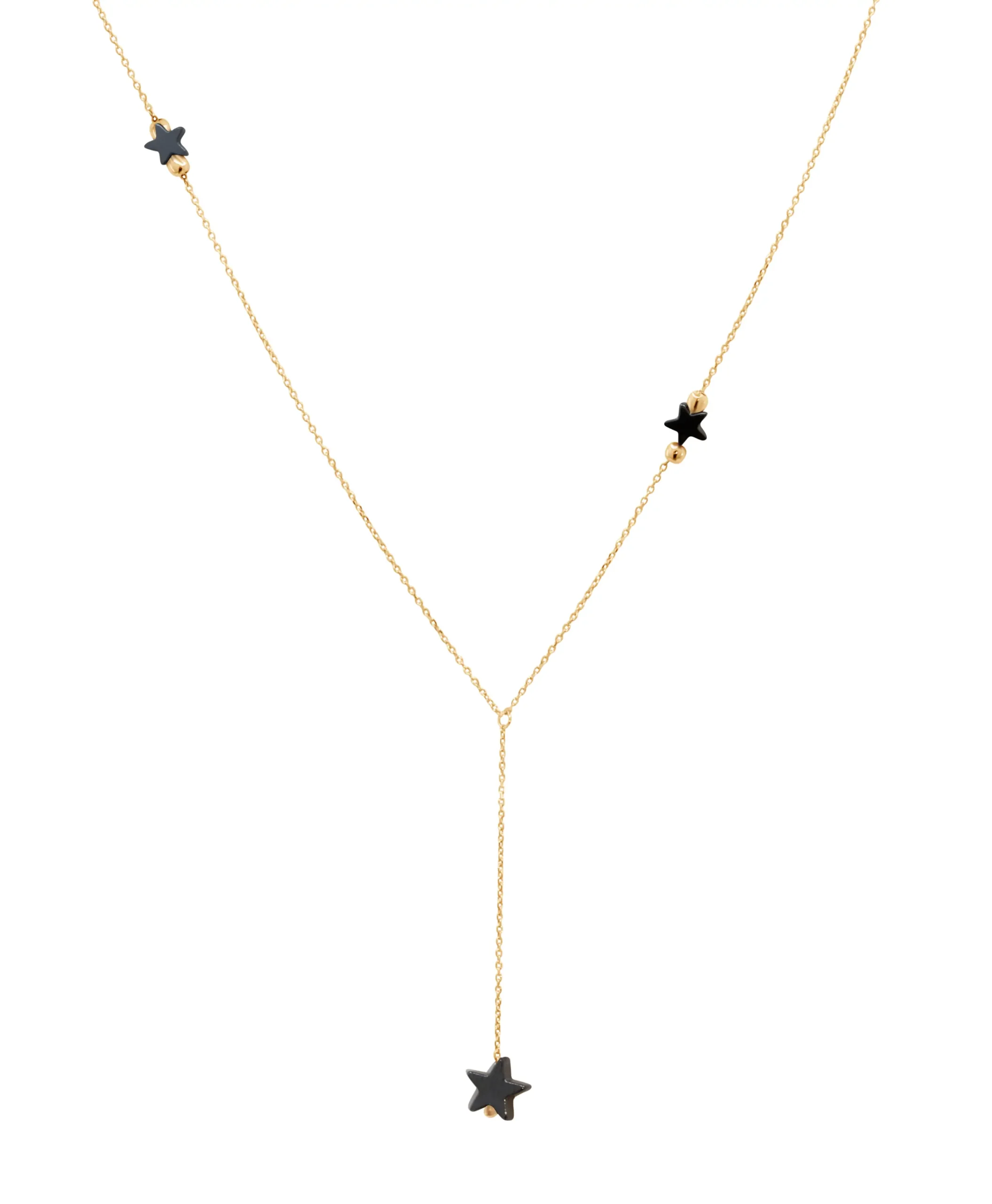 hematite-stars-drop-pink-gold-necklace Hematite Stars Drop necklace in pink gold with black hematite star stones on a fine drop chain.