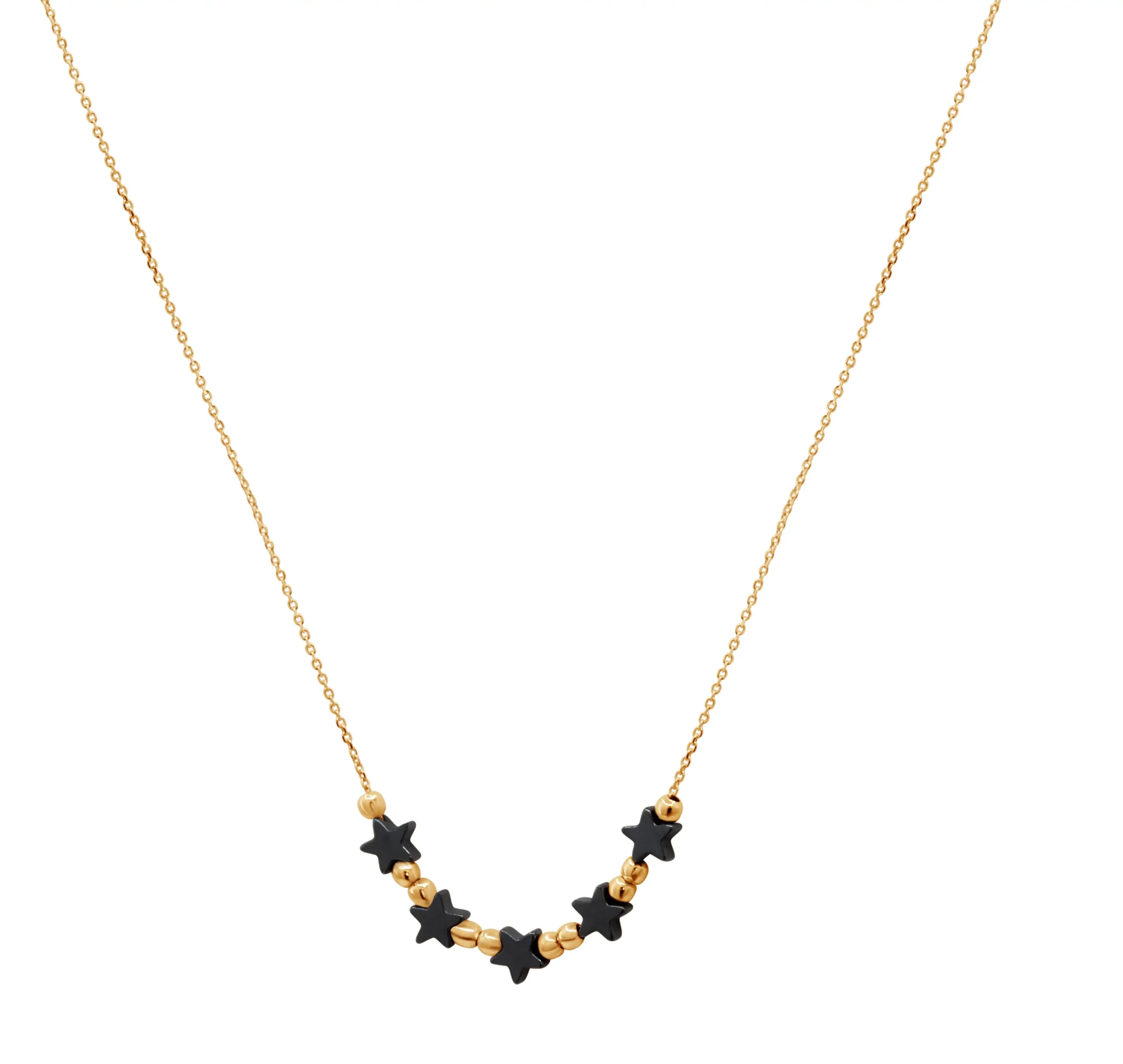 hematite-stars-pink-gold-necklace Hematite Stars necklace in pink gold with black hematite star stones and polished gold beads on a delicate chain.