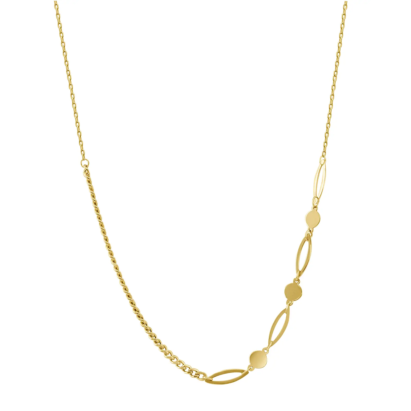 marquise-and-round-shape-necklace-yellow-gold Marquise and round shape necklace in yellow gold with elongated marquise links, round motifs, and a bold chain detail.
