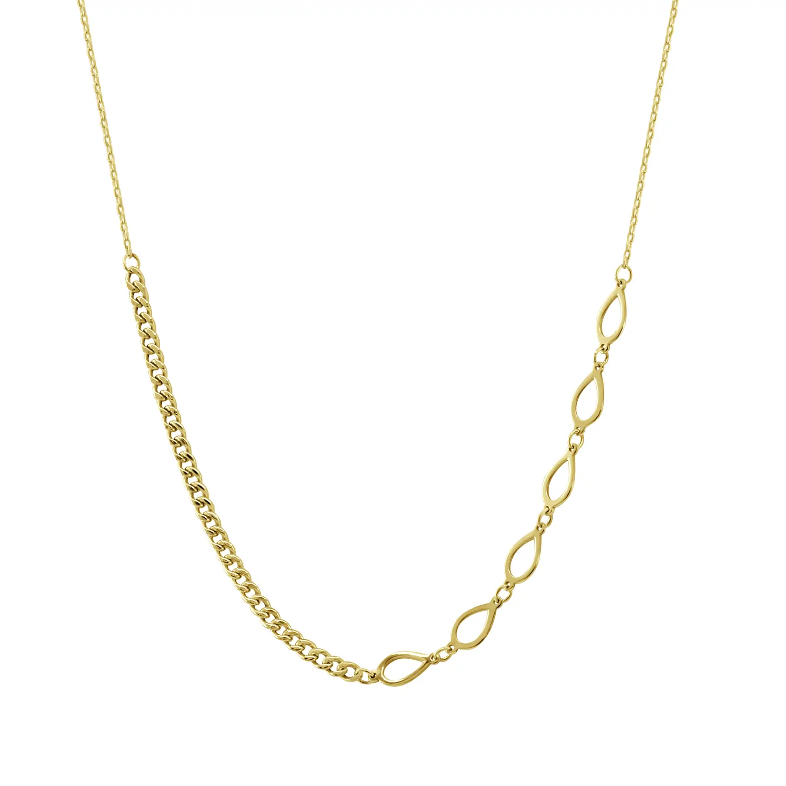 pear-shape-chain-necklace-yellow-gold Pear Shape Chain Necklace in yellow gold with elongated pear-shaped links and a bold chain detail.