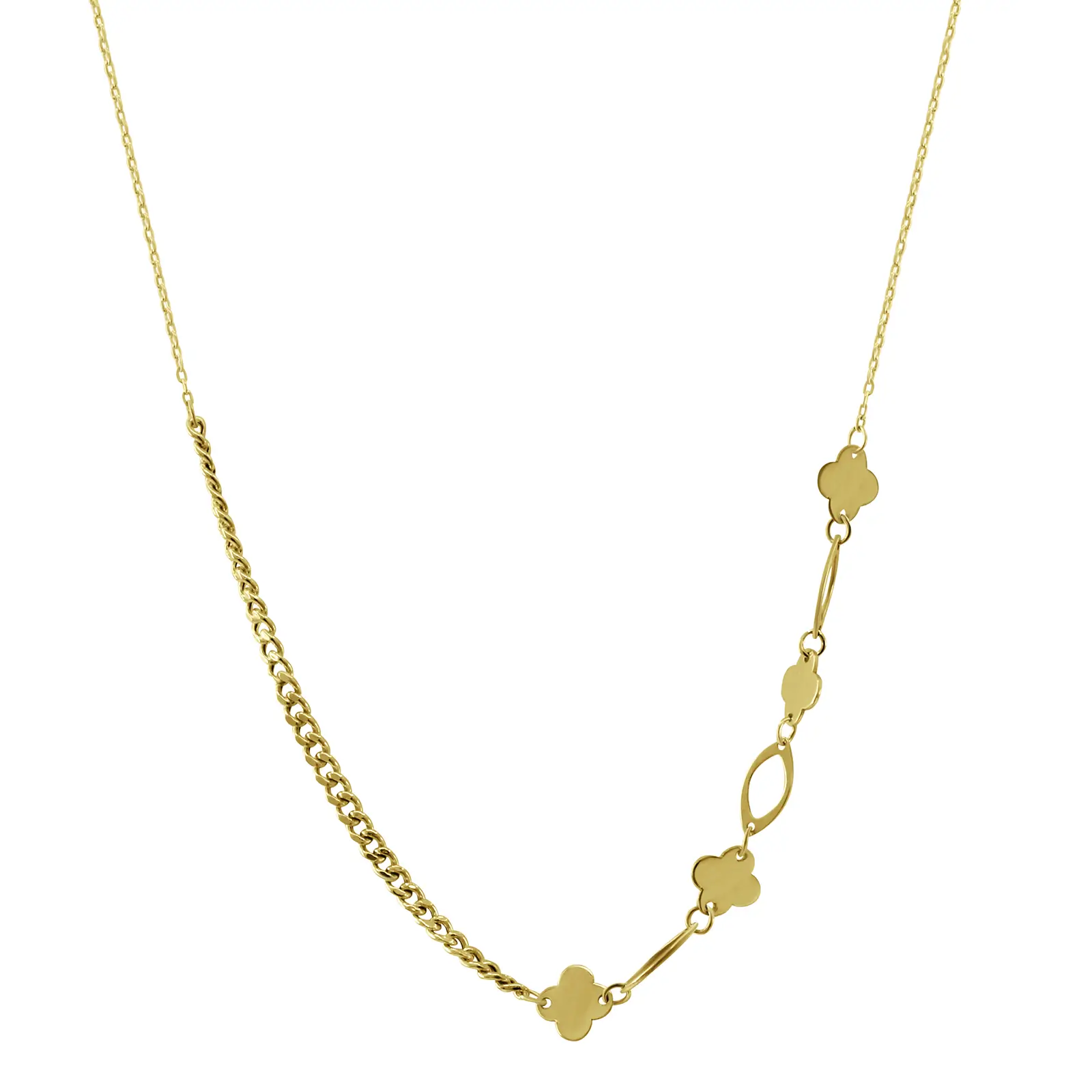 quatrefoil-and-marquise-shape-necklace-yellow-gold Quatrefoil and marquise shape necklace in yellow gold with quatrefoil motifs, marquise links, and a bold chain detail.