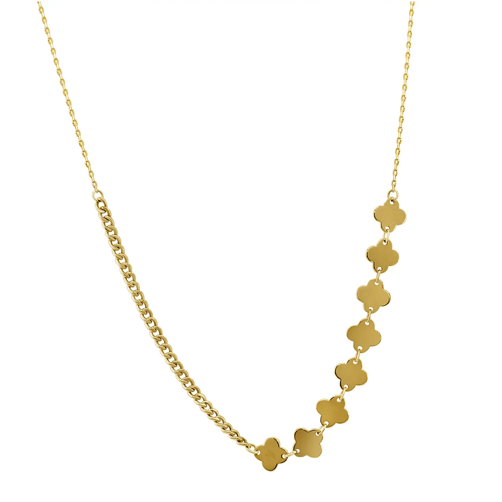 quatrefoil-shape-chain-necklace-yellow-gold Quatrefoil Shape Chain Necklace in yellow gold with polished quatrefoil motifs and a bold chain detail