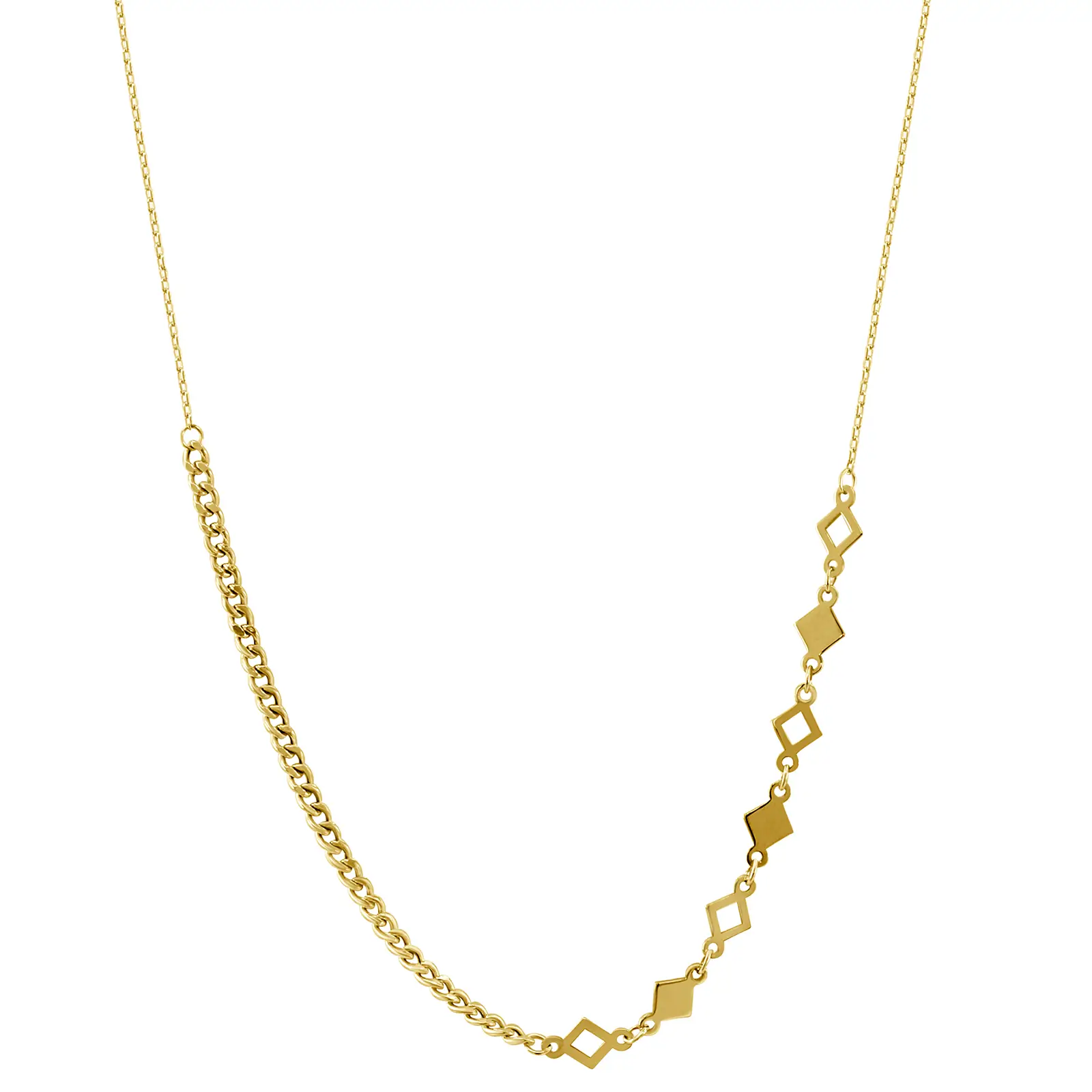 rhombus-shape-necklace-yellow-gold Rhombus Shape Necklace in yellow gold with alternating open and solid rhombus motifs and a bold chain detail.