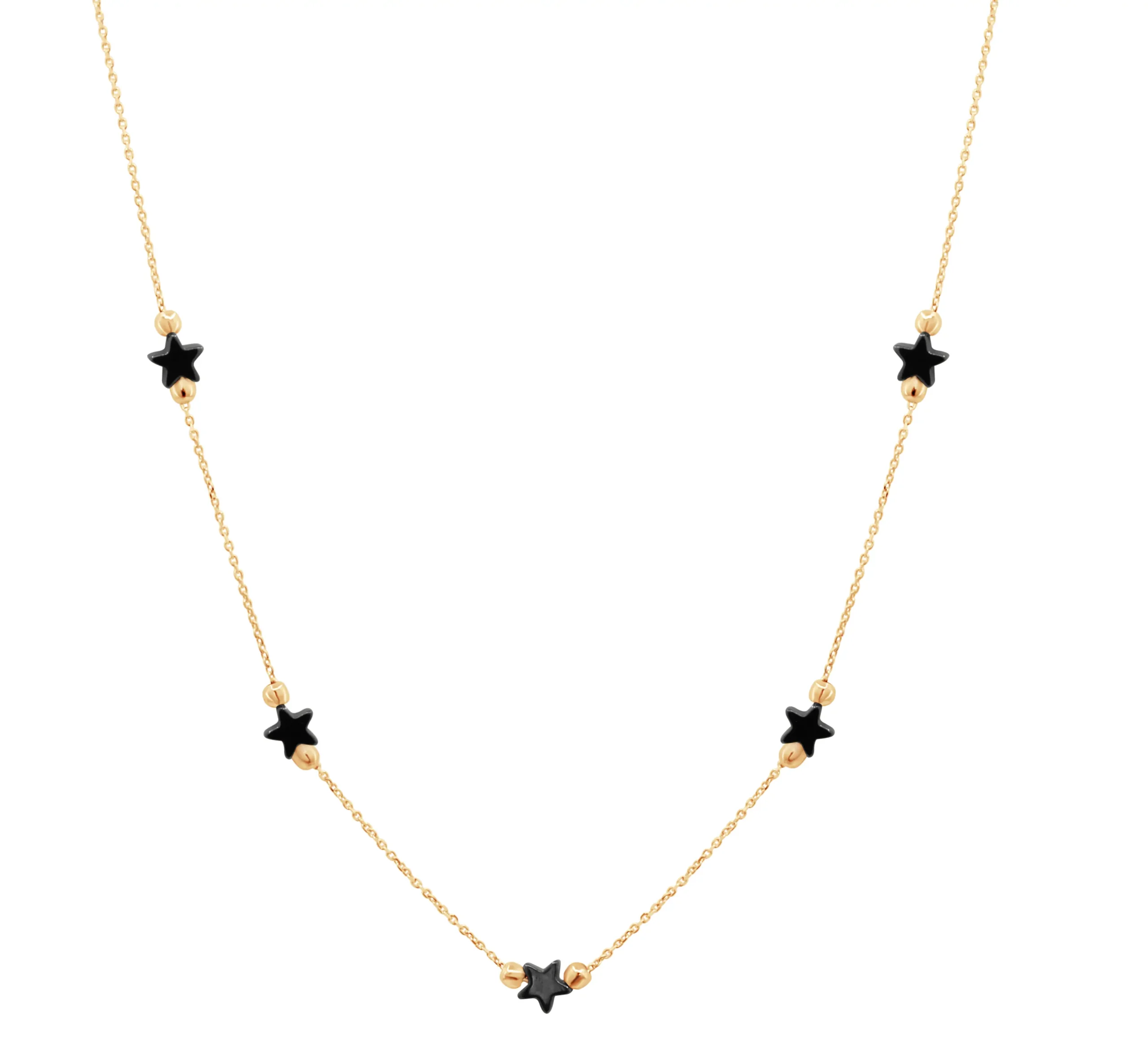 small-hematite-stars-necklace-pink-gold Small hematite stars necklace in pink gold with black hematite star stones and polished gold beads on a delicate chain.