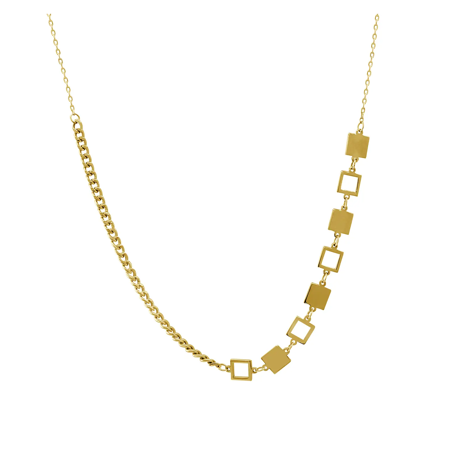 square-shape-necklace-yellow-gold Square Shape Necklace in yellow gold with alternating open and solid square motifs and a bold chain detail.