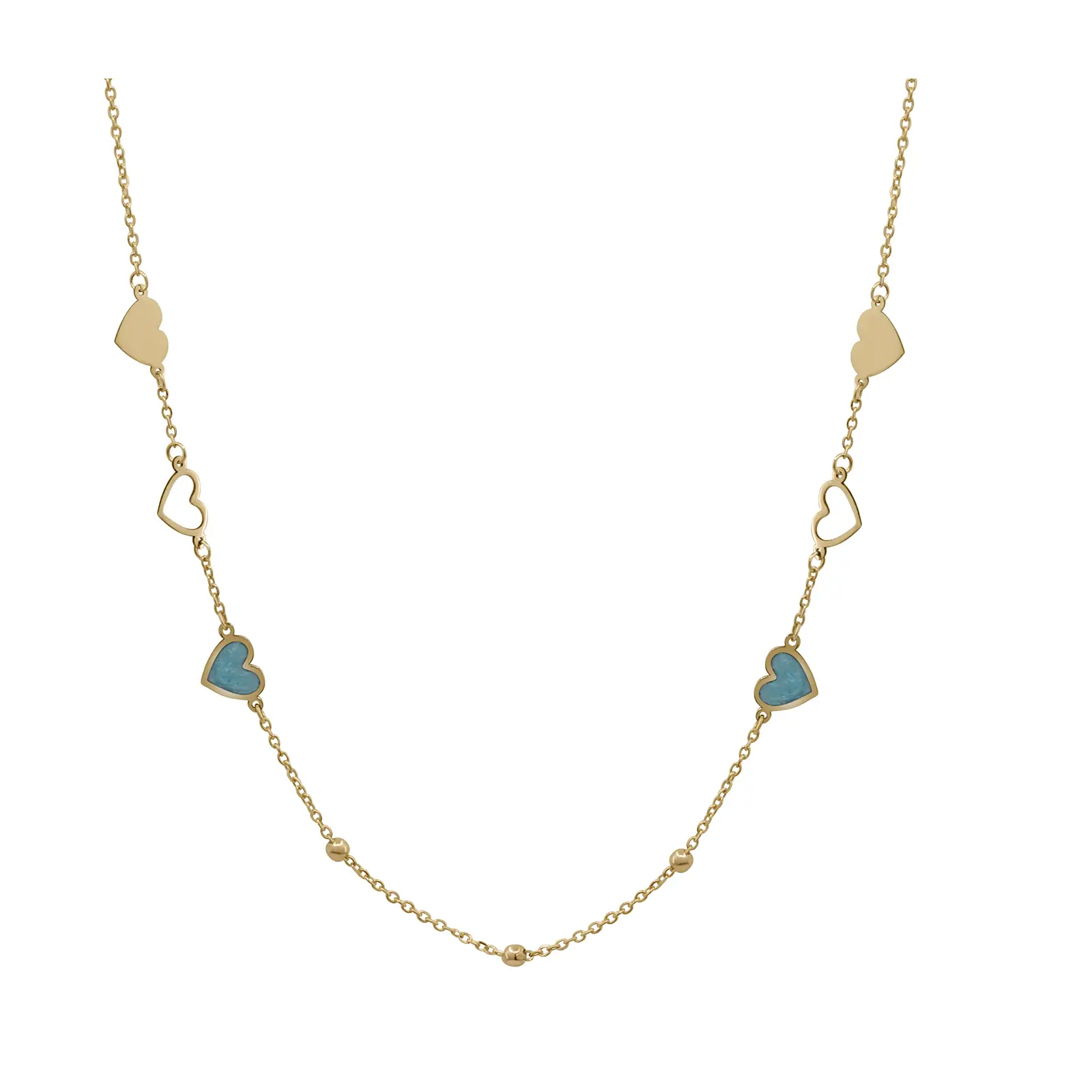 three-type-of-hearts-necklace-pink-gold-blue-enamel Three Type of Hearts necklace in pink gold with solid, open and blue enamel heart motifs