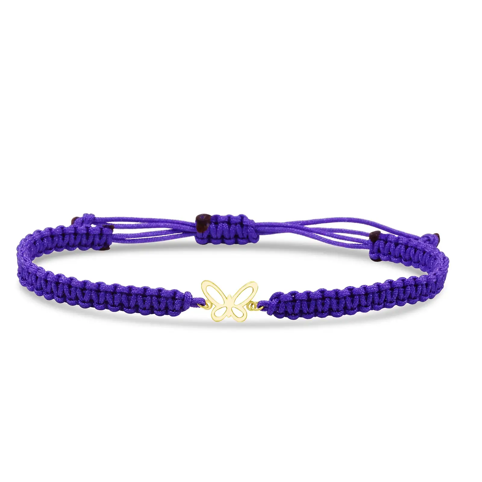 butterfly-macrame-bracelet-yellow-gold Butterfly Macramé Bracelet in yellow gold with a butterfly centerpiece and purple adjustable macramé cord