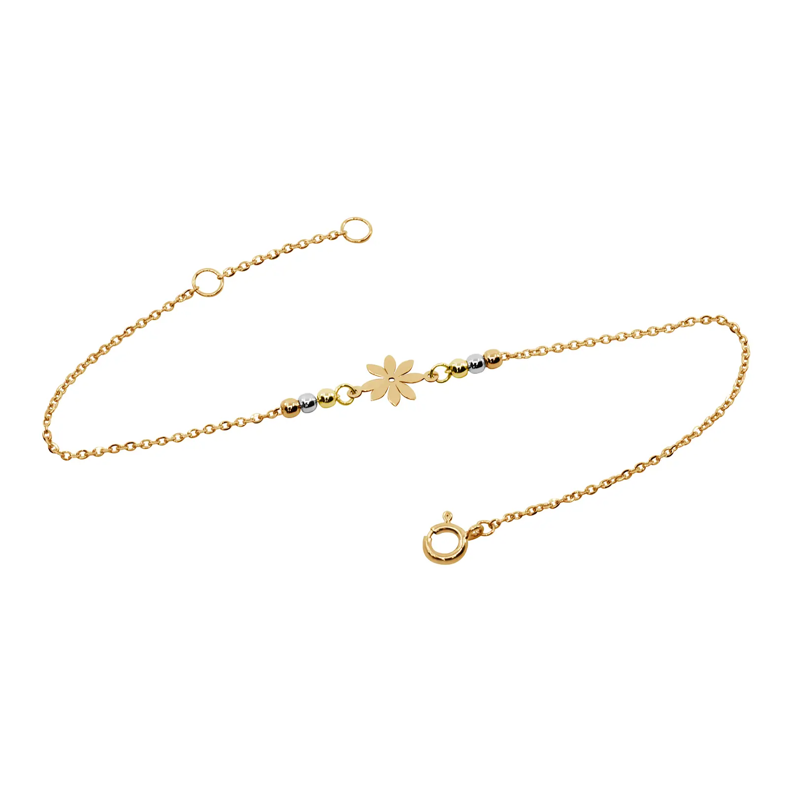 fiori-bracelet-yellow-gold Fiori Bracelet in yellow gold with a central flower motif and polished gold bead details.
