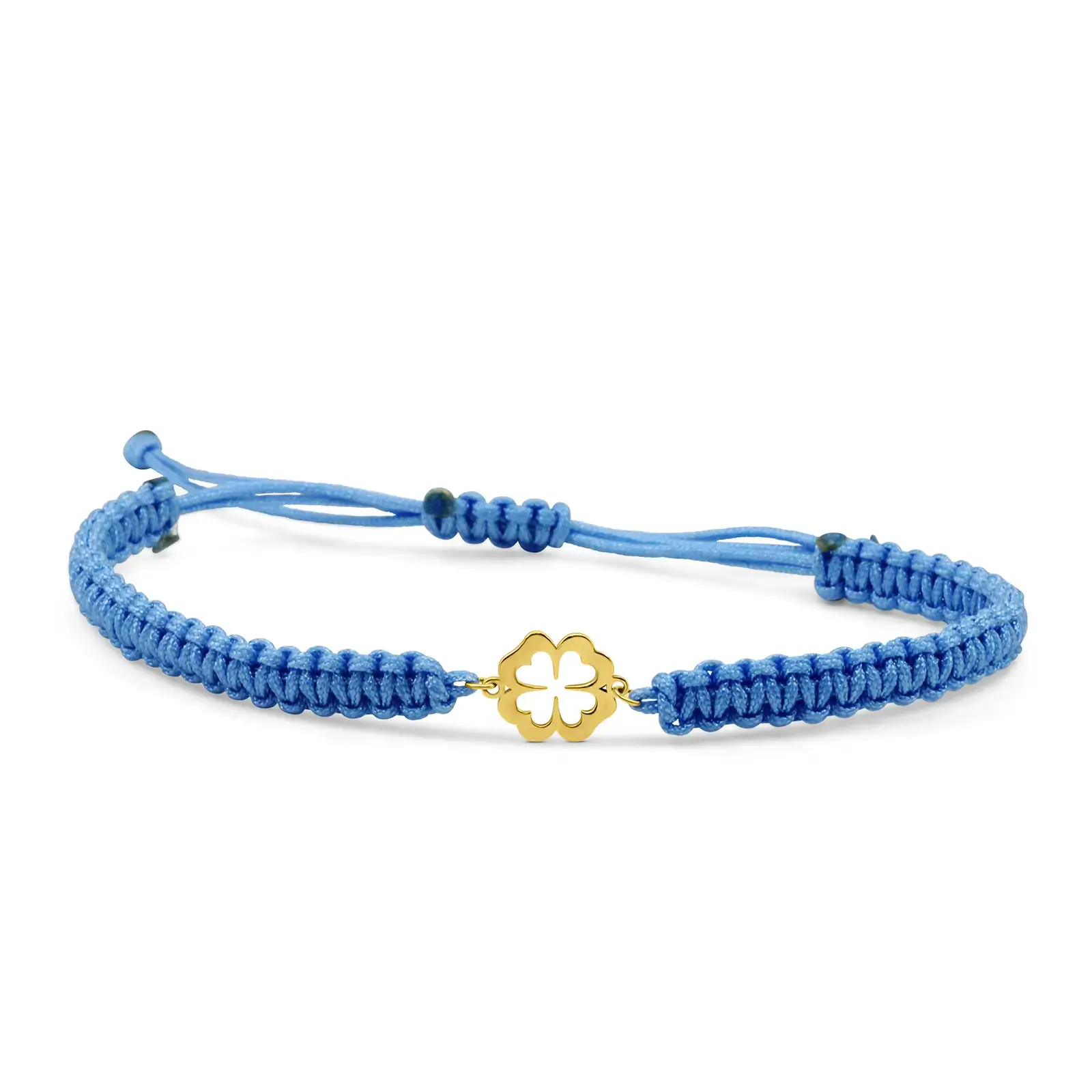 flor-macrame-bracelet-yellow-gold Flor Macrame Bracelet in yellow gold with a blue macramé cord and floral centerpiece