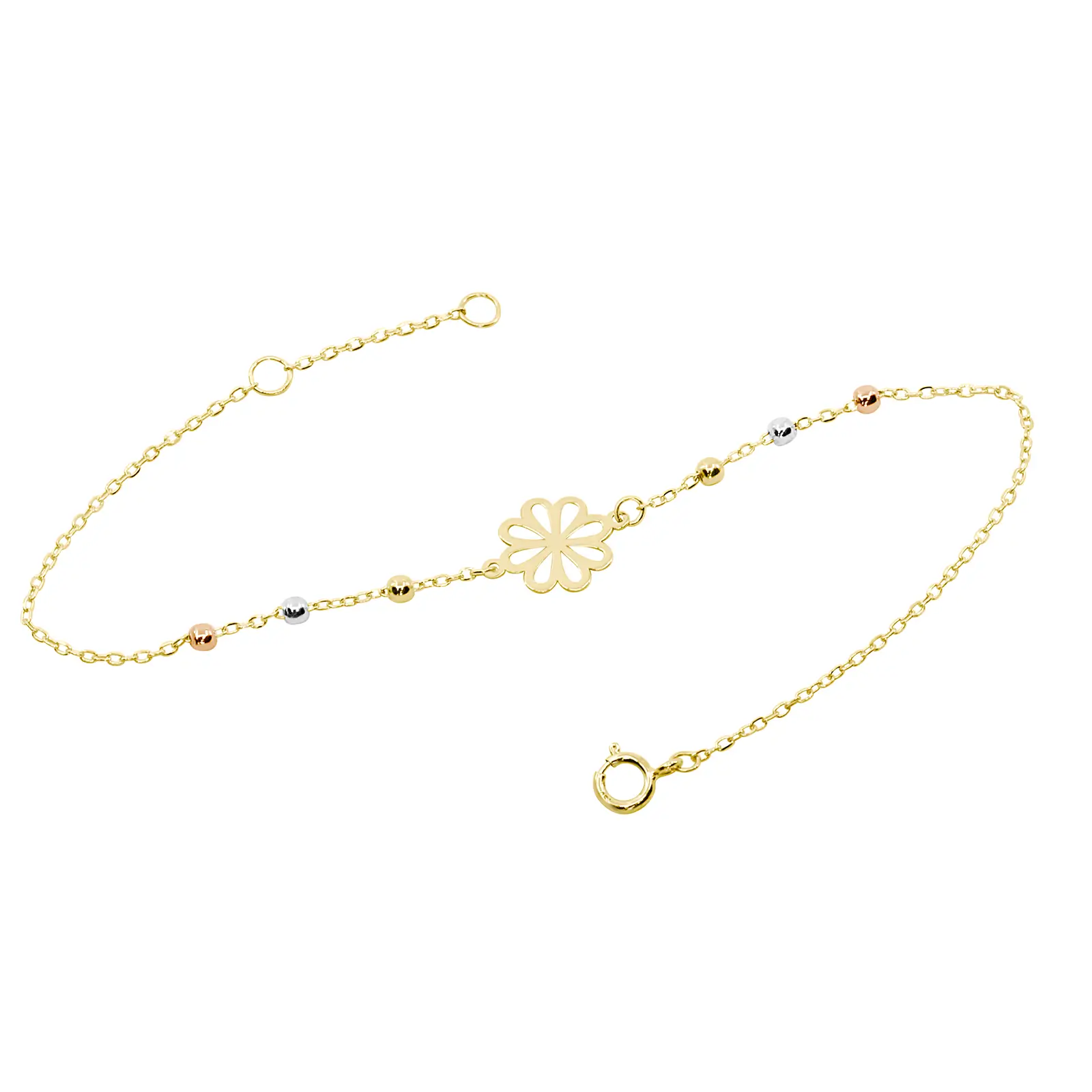 flores-bracelet-yellow-gold Flores Bracelet in yellow gold with an open flower motif and delicate multicolor gold bead details.