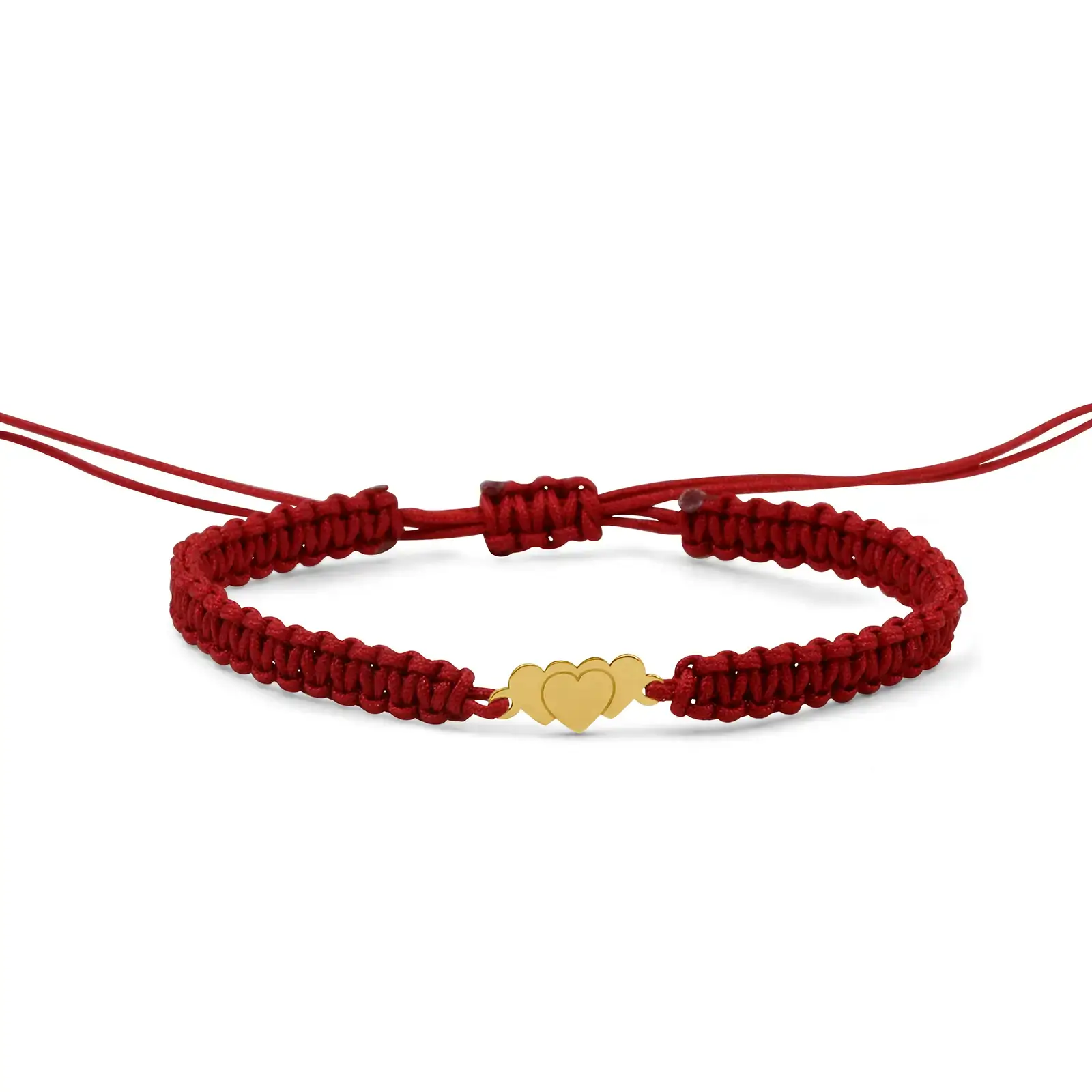 heart-macrame-bracelet-pink-gold Heart Macramé Bracelet in pink gold with a red adjustable macramé cord and heart motif centerpiece