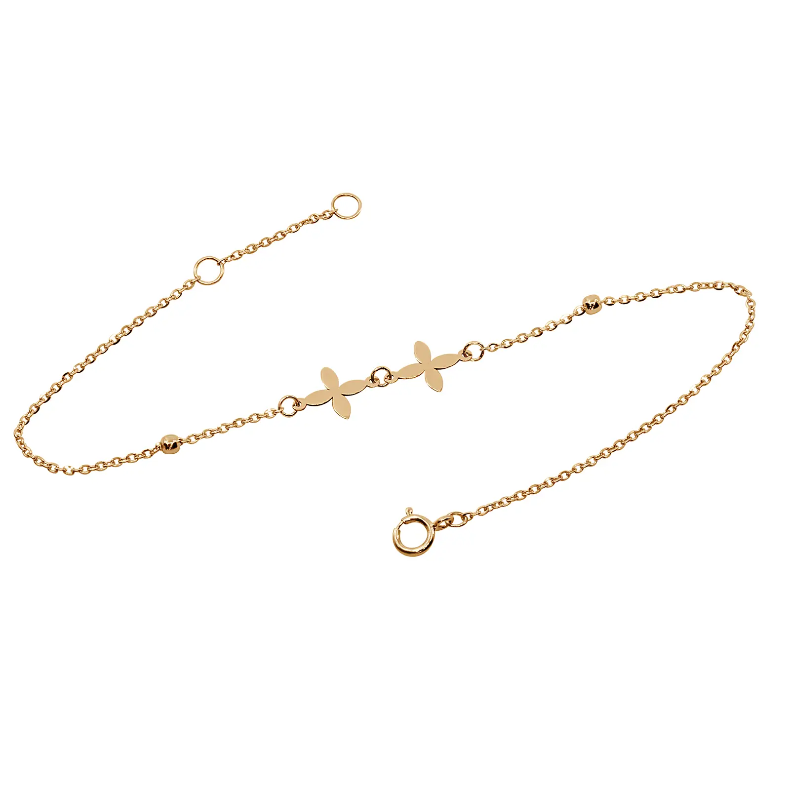 lily-flower-bracelet-pink-gold Lily Flower Bracelet in pink gold with two delicate flower motifs and polished gold bead details.