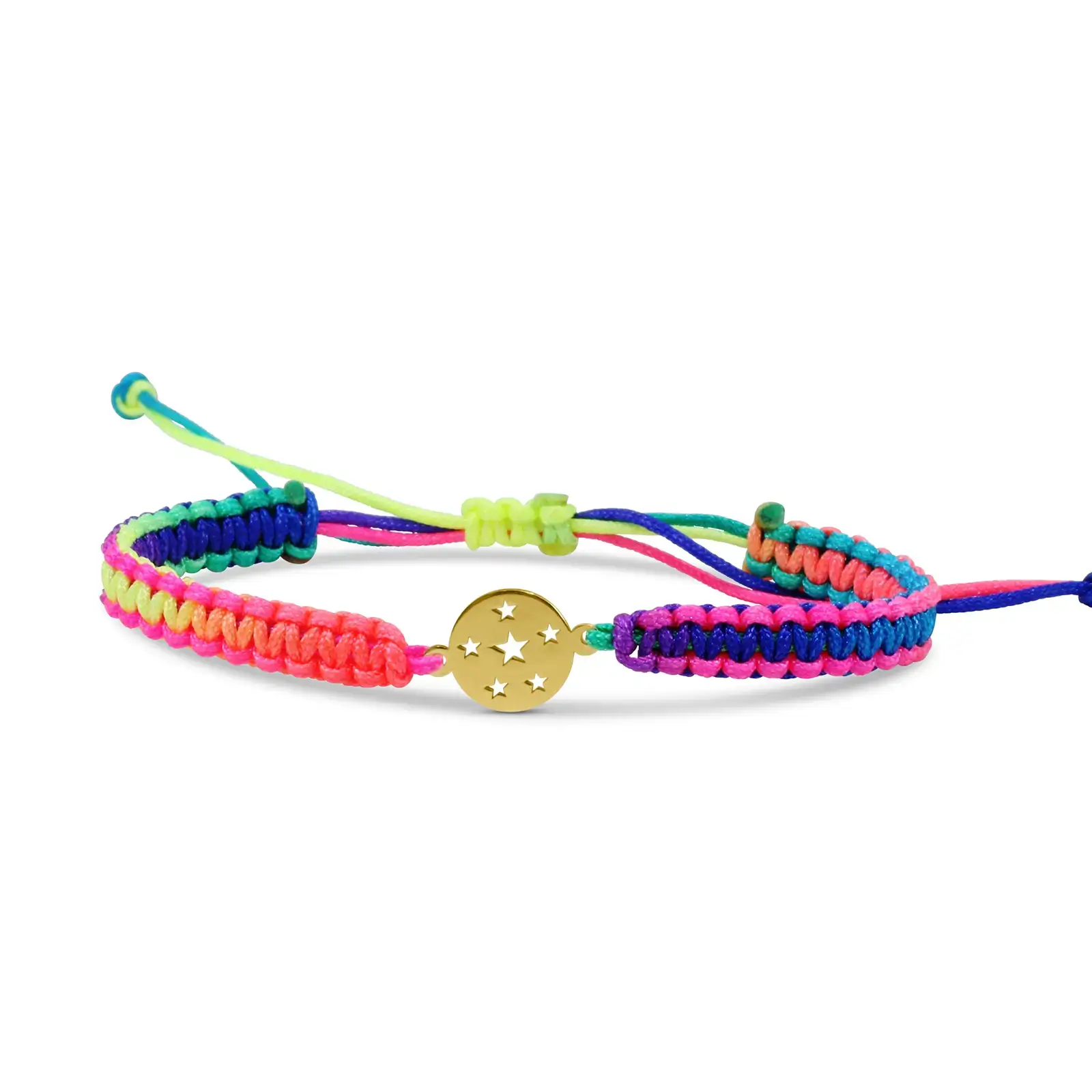 round-star-macrame-bracelet-yellow-gold Round Star Macramé Bracelet in yellow gold with a multicolor adjustable macramé cord and round star-cutout centerpiece