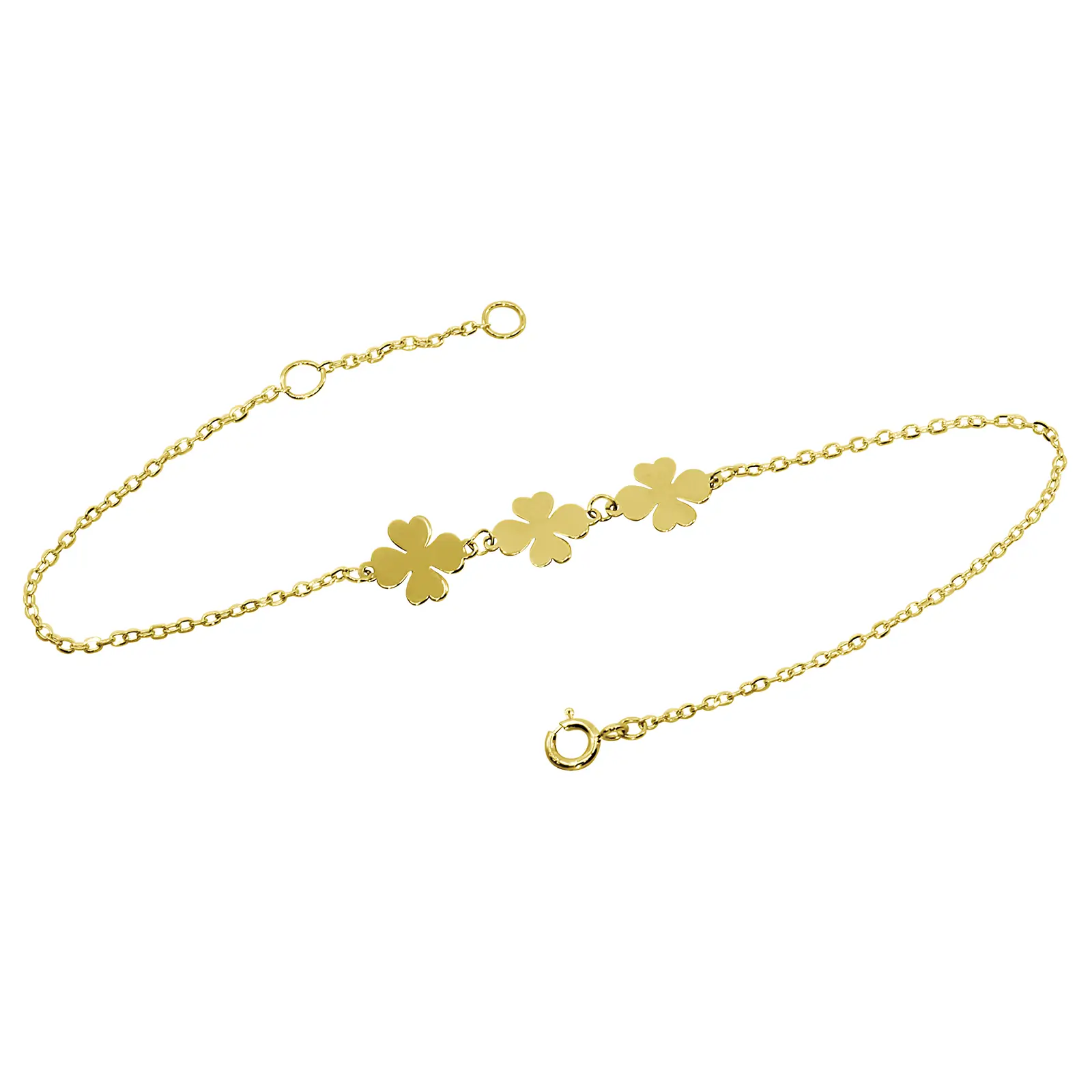 triple-flower-bracelet-yellow-gold Triple Flower Bracelet in yellow gold with three polished flower motifs on a delicate chain.